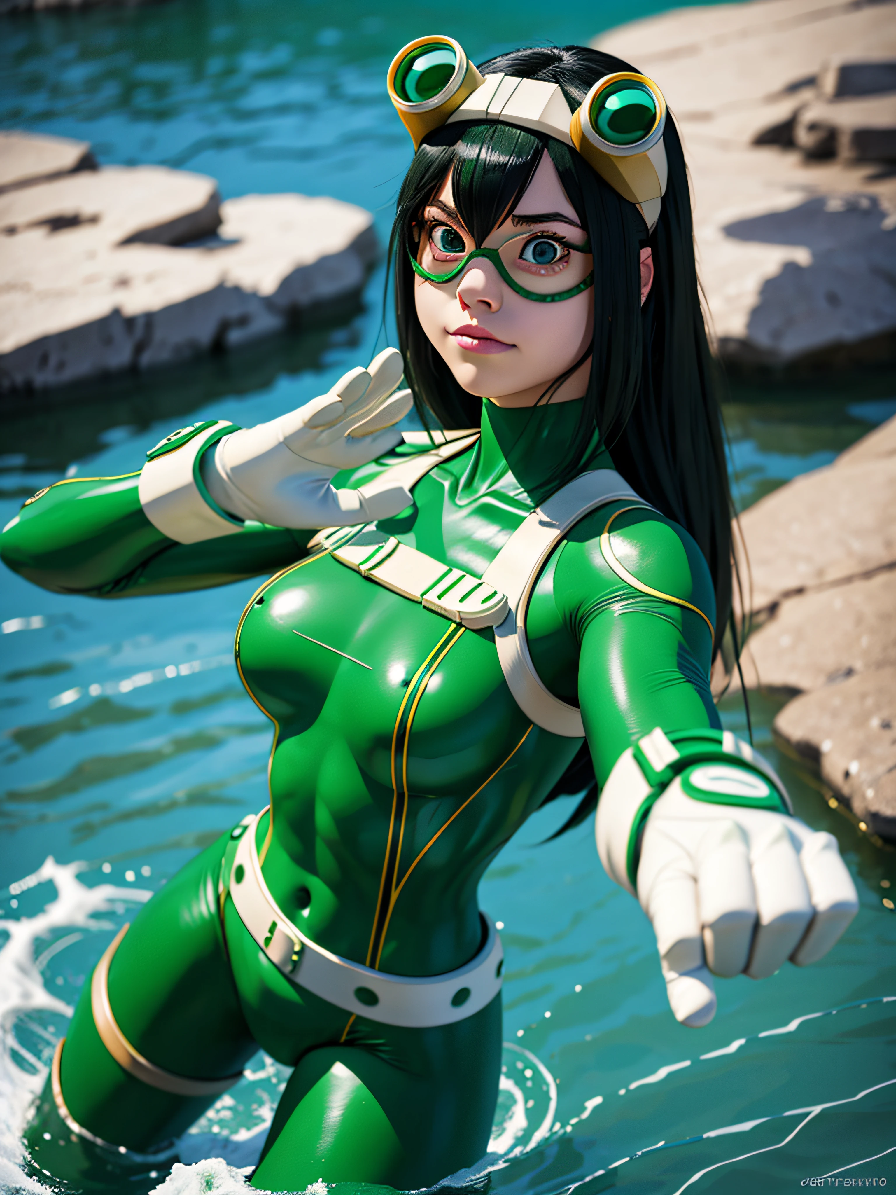 thick outlines, comics, photorealistic, perfect hands, masterpiece:1.2, water, rock, 1 girl, solo,asui tsuyu, green bodysuit, goggles, white gloves,  small breast, detailed background, detailed face, detailed eyes,