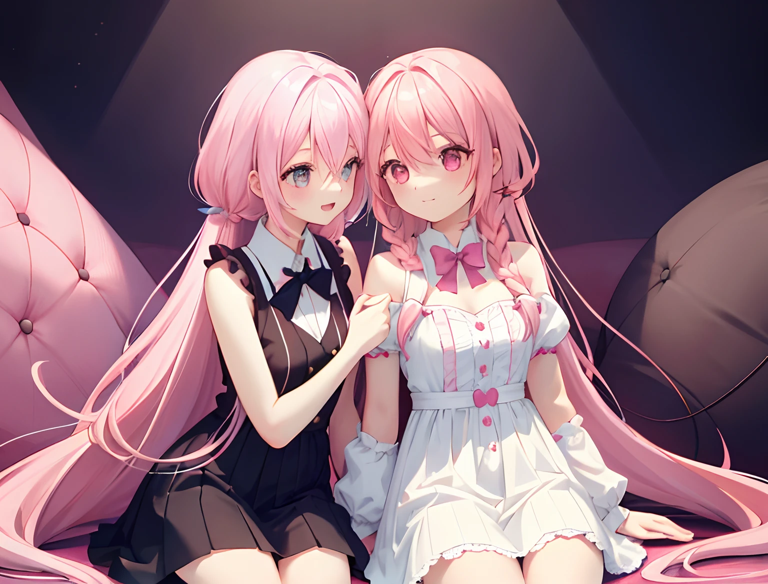 2girls，Girl1：，adolable，A pink-haired，long whitr hair，girl 2：A pink-haired，long whitr hair，Touch each other's chests