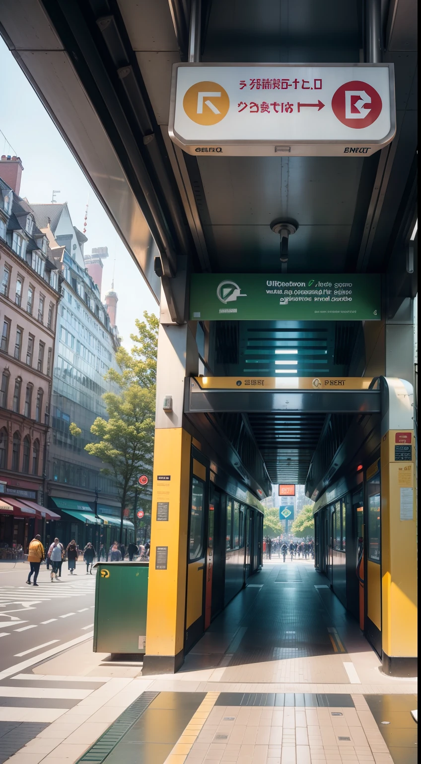A vibrant photograph capturing the unique subway station entrance in Frankfurt: The entrance resembles a tram with its distinct design, "slapping" against the pavement, with commuters bustling around it.