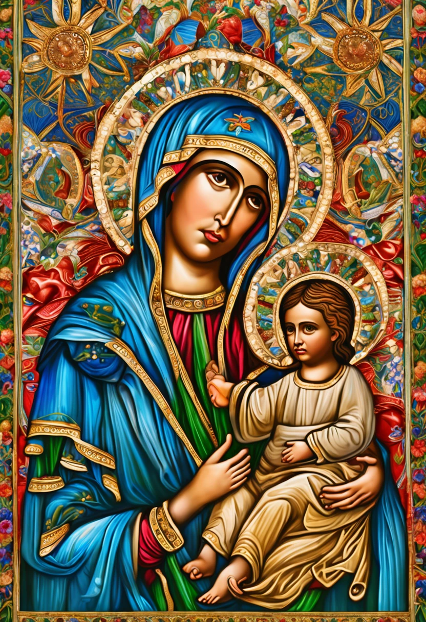 create an image of Our Lady carrying Jesus Christ on her lap from the waist up wearing a blue and white tunic with bright diamond details, usando uma coroa de flores multicoloridas , olhos verdes, an aura in the colors of the rainbow around their heads, detalhes altos, Realistic, Detalhamento ultra intrincado, 8k, volumeric lighting, cinemactic. Image with resolution of at least 300dpi, intrincado, alto detalhe, Dramatic, imagem vetorial ao fundo um grande Sol