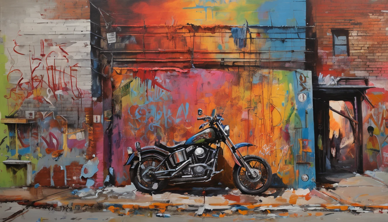 Scene of a backstreet alley,some punk boys and girls, hippy guys,graffiti, New York,bricked walls, barbed wire, ,motorbike, baseball gloves, POP neon lights , Aluminum trash cans,Fire staircase