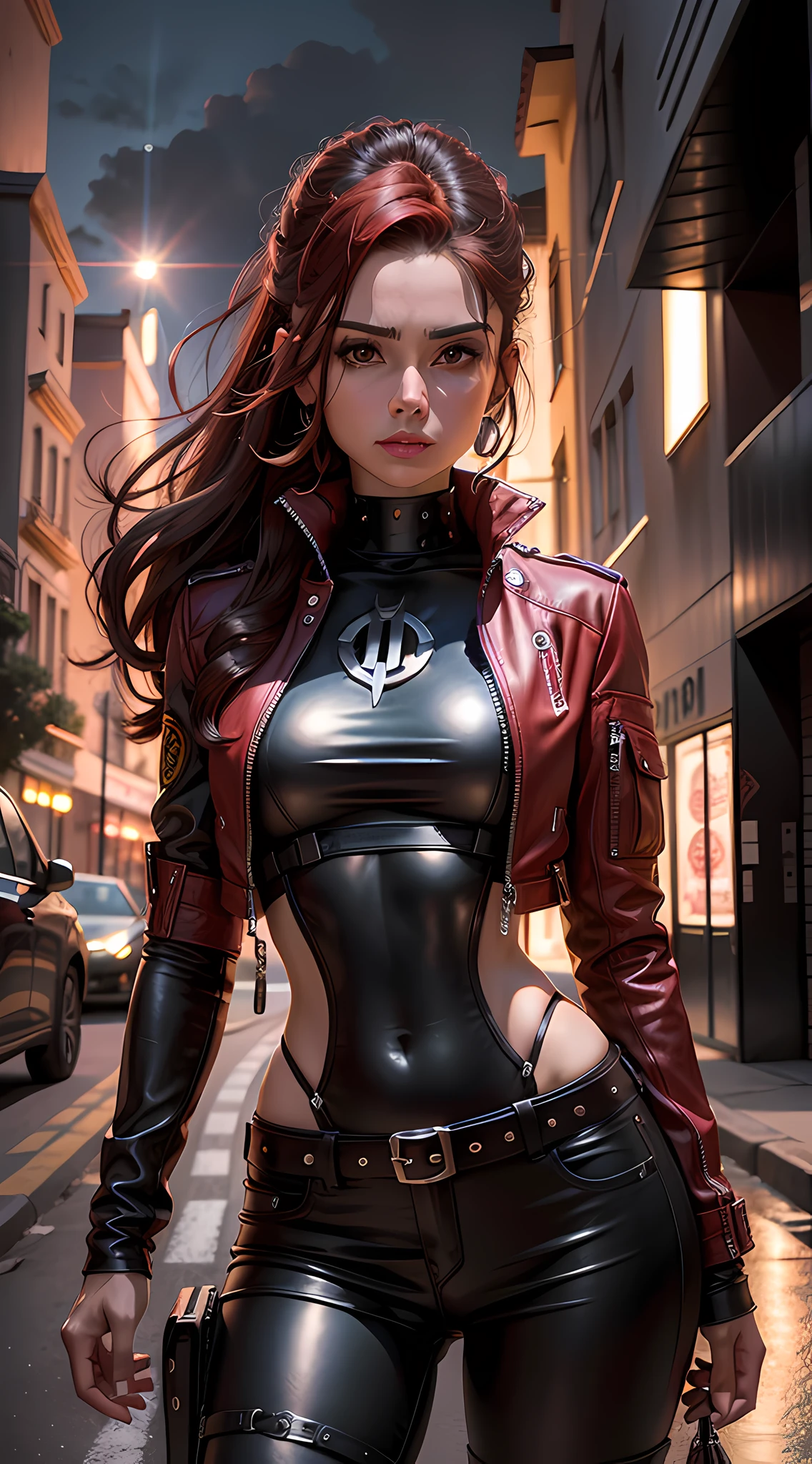 Girl (((from head to thighs & beauty shape::1.4))), realistic skin texture, in complex & hyper detailed cyberpunk black & red jacket & short blouse wearing headphones & japanese demon mask, (((light glow effect))), dinamic panning photography move::1, midnight hour illuminationr, (masterpiece), best quality, perfect pretty face, 8k