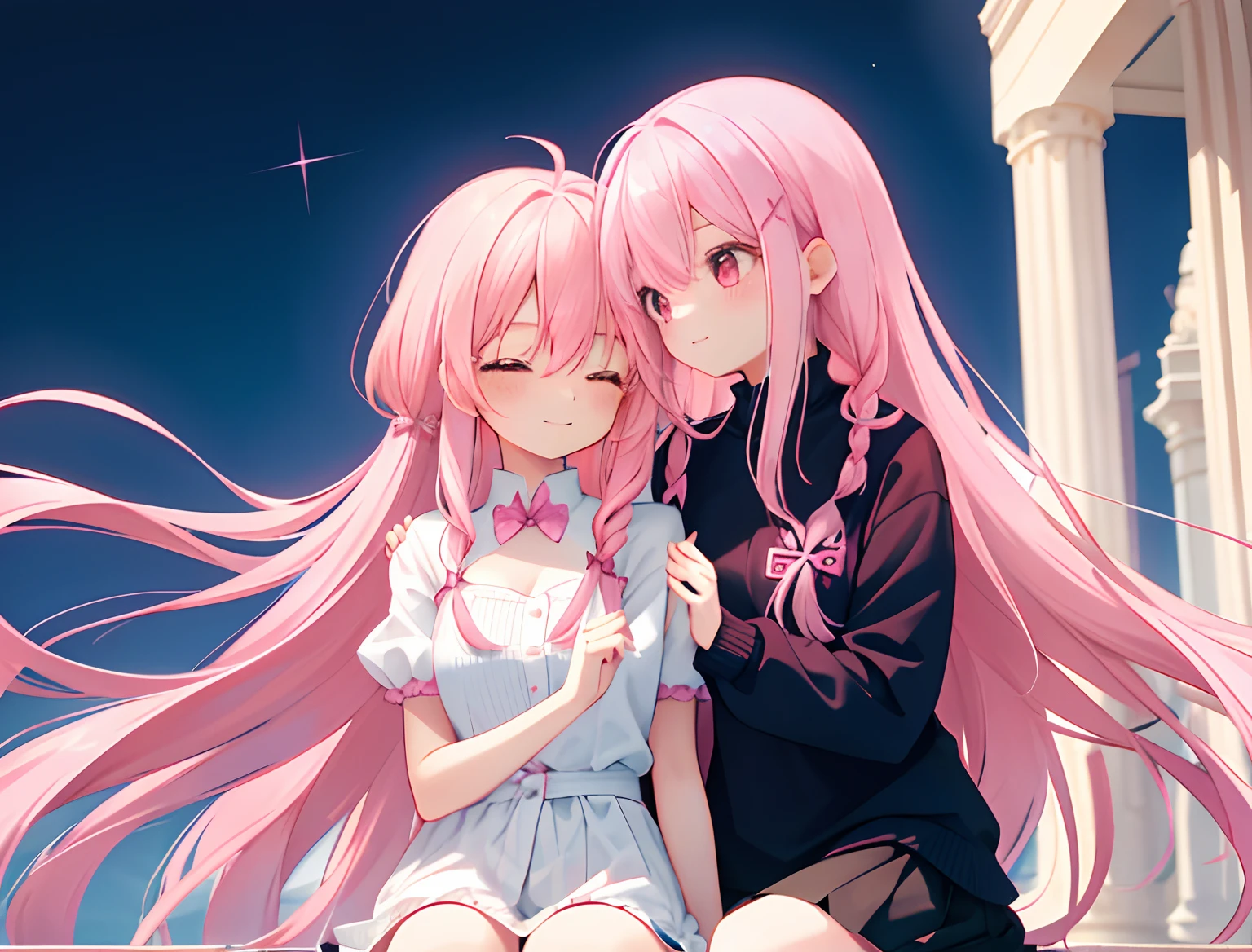 2girls,Girl1:,adolable,A pink-haired,long whitr hair,girl 2:A pink-haired,long whitr hair,Touch each other's chests