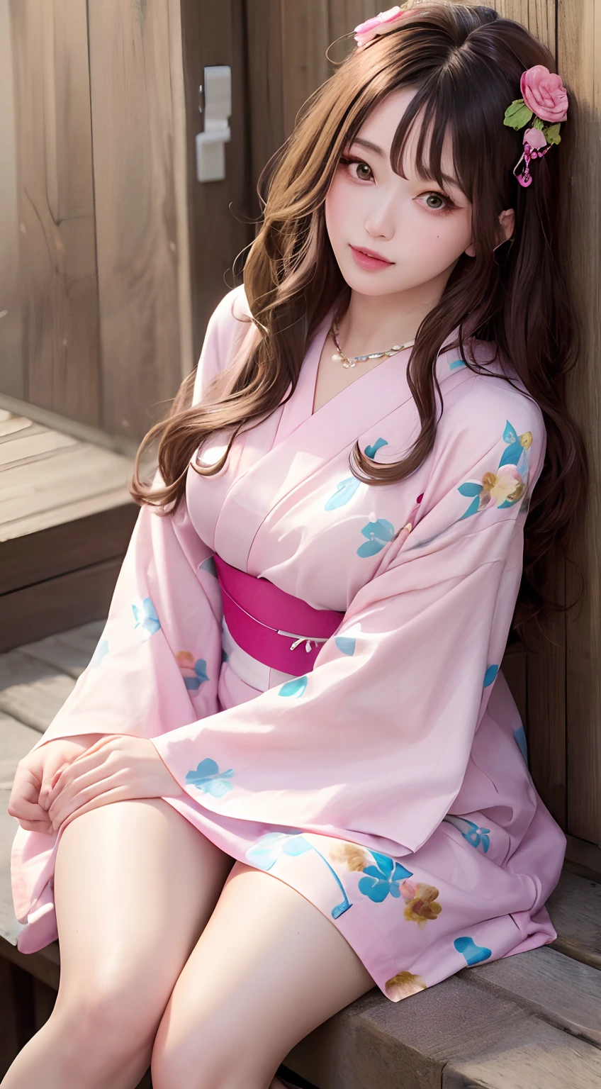 Woman((25year old)), hair((brown, long, straight wave )), eyes((green, smart eyes)), clothes((yukata, pink, pink)), flower hair clip, diamond necklace, bracelet, japanese house, bedroom,oppai