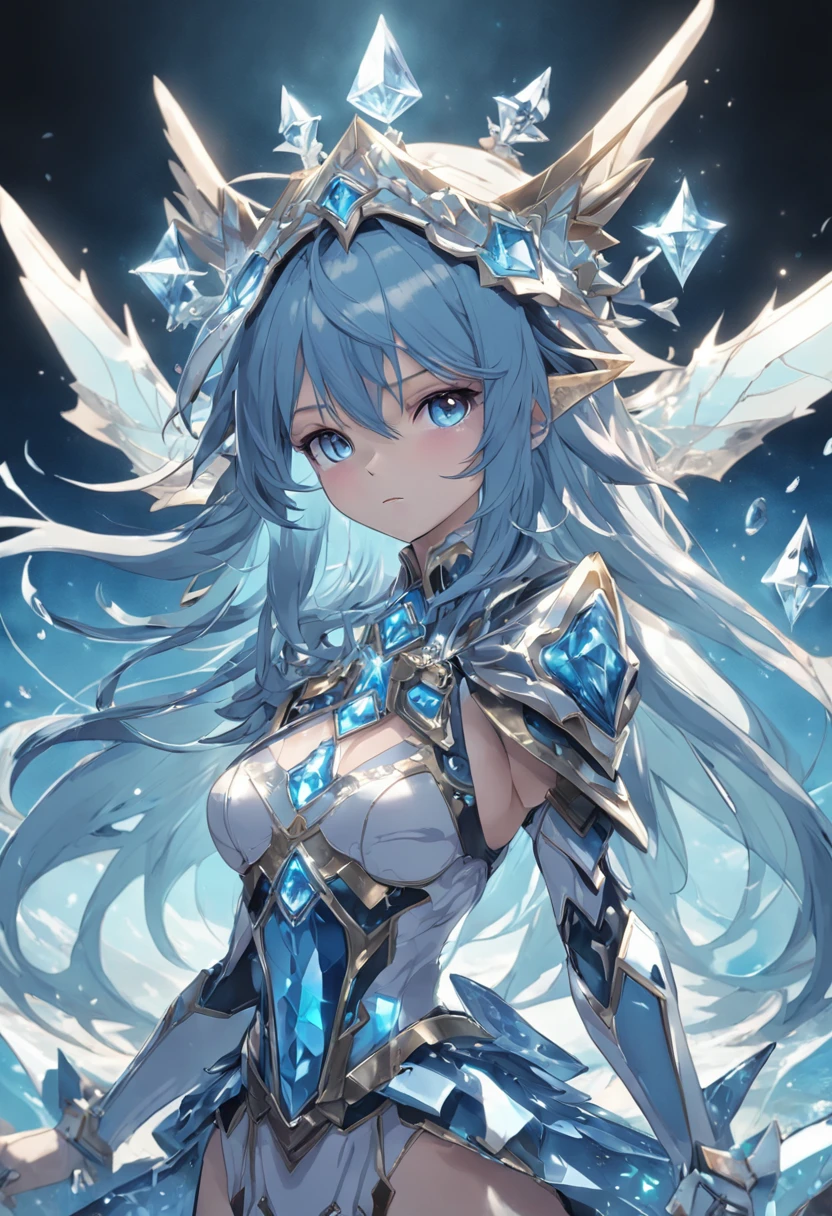 (Yu-Gi-Oh cards:1.5, rotationalsymmetry),Stephen Gammel,(Cowboy shot),minimalistic composition,swell sea,Female magician,Delicate crystal headdress, Exquisite crystal armor,Electroluminescence,dreamy glow,Conceptual digital art,Sky blue and gray,(Very detailed, reasonable design, Clear lines, High sharpness,Best quality, Masterpiece, 4K ),full bodyesbian,tmasterpiece