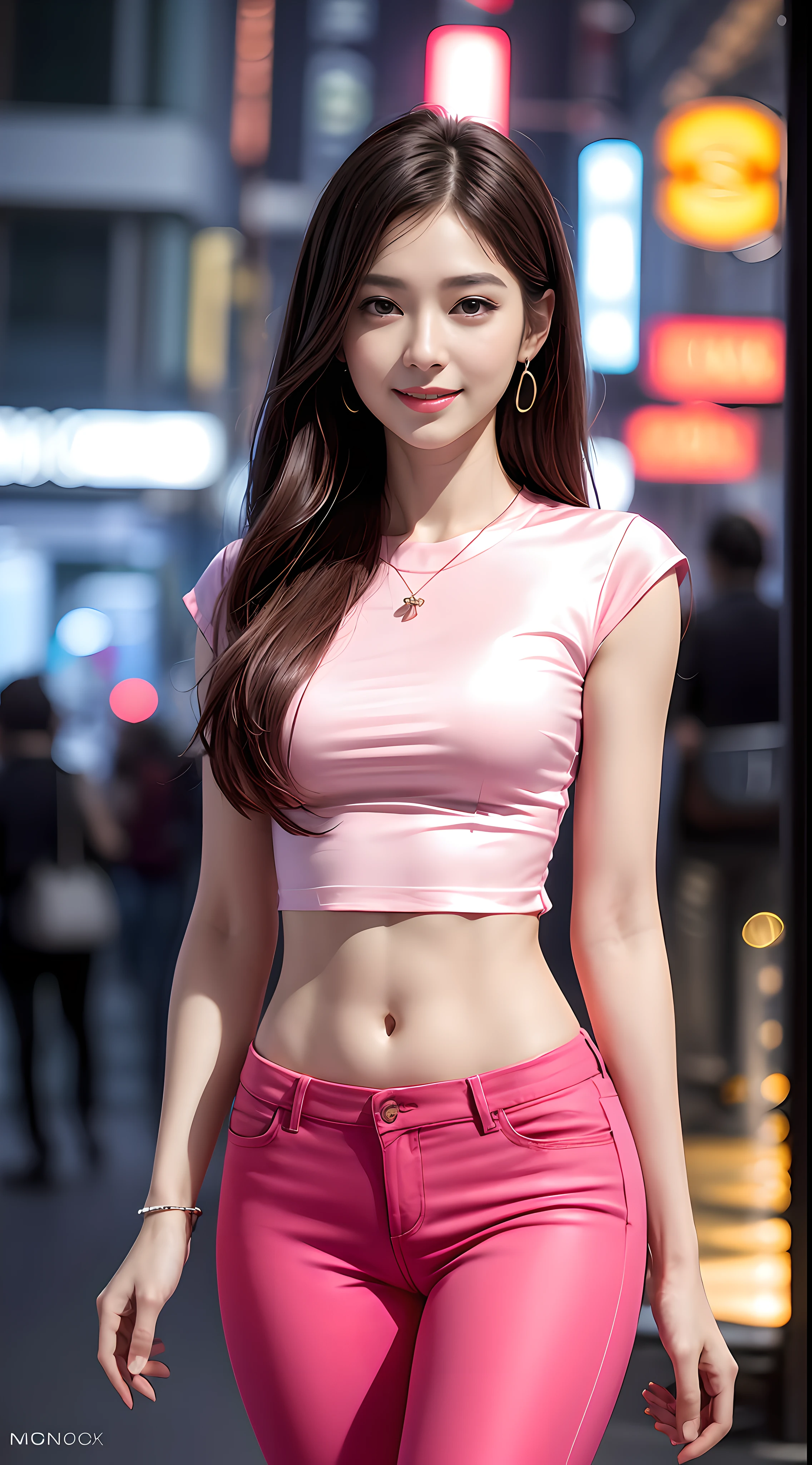 8k, masterpiece, RAW photo, best quality, photorealistic, extremely detailed CG unity 8k wallpaper, Depth of field, Cinematic Light, Lens Flare, Ray tracing, (extremely beautiful face, beautiful lips, beautiful eyes), intricate detail face, ((ultra detailed skin)) 1girl, in the dark, deep shadow, pretty korean girl, kpop idol, 1 girl, (very slim slender fit-muscled body:1.3), ((looking at viewer)),(big smile:1.3), (tight laced blouse), (hot pink color blouse), (sleeveless) , (fashion city night, dark night, (neon sign), (blurred background), fashion street night),(without people in the background:1.3), beautiful earrings, bracelets, necklace, pantyhose, clear eyes, (pale skin), (big eyes), face forward, ((upper body shot)), ((silk hot pink color pants:1.3)),(brown hairs),((tight fitting silk pants)), (looking at viewer:1.3) open breast, very slim, medium breasts, see through, transparent pants