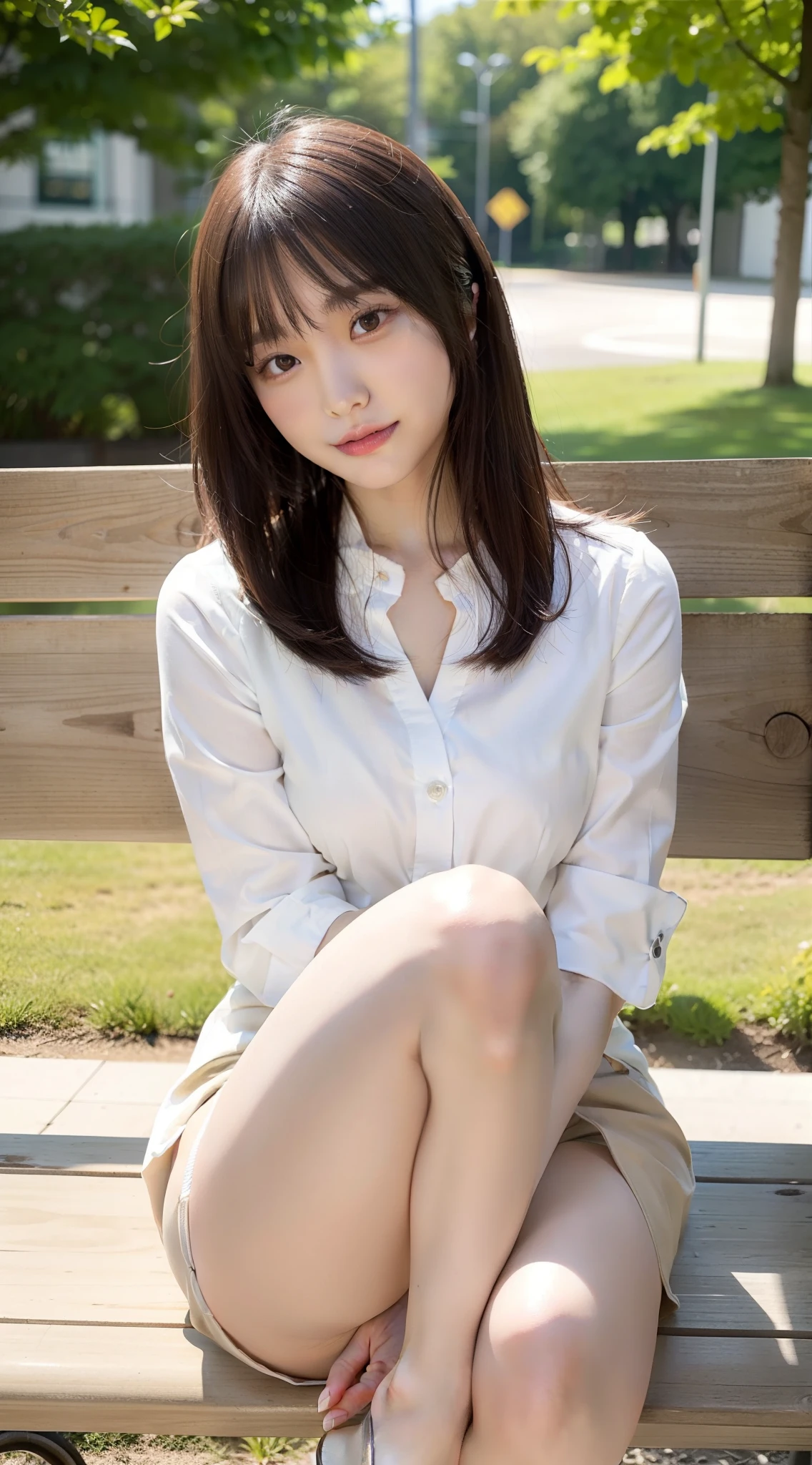 {{8K picture quality:2}}、{{An ultra-high picture quality:2}}、{{Ultra-realistic}}、{{超A high resolution}}、Perfect and realistic photos、{{A Japanese Lady}}、NSFW、{{1femele}}、{{Solo}}、Brown Bob Cut、Sitting on a park bench、one leg slightly forward、Sit with your back to the backrest、View from the left、Face facing forward、POV image、surprised expression、with blush cheeks、Tilt your head slightly、Right hand above knee、Extend your left hand with your palm facing up、Light gray business suit、White blouses、Beige stockings、Silver bracelet、Don't wear socks、Black Low Heel Pumps、Park with bright sunshine
