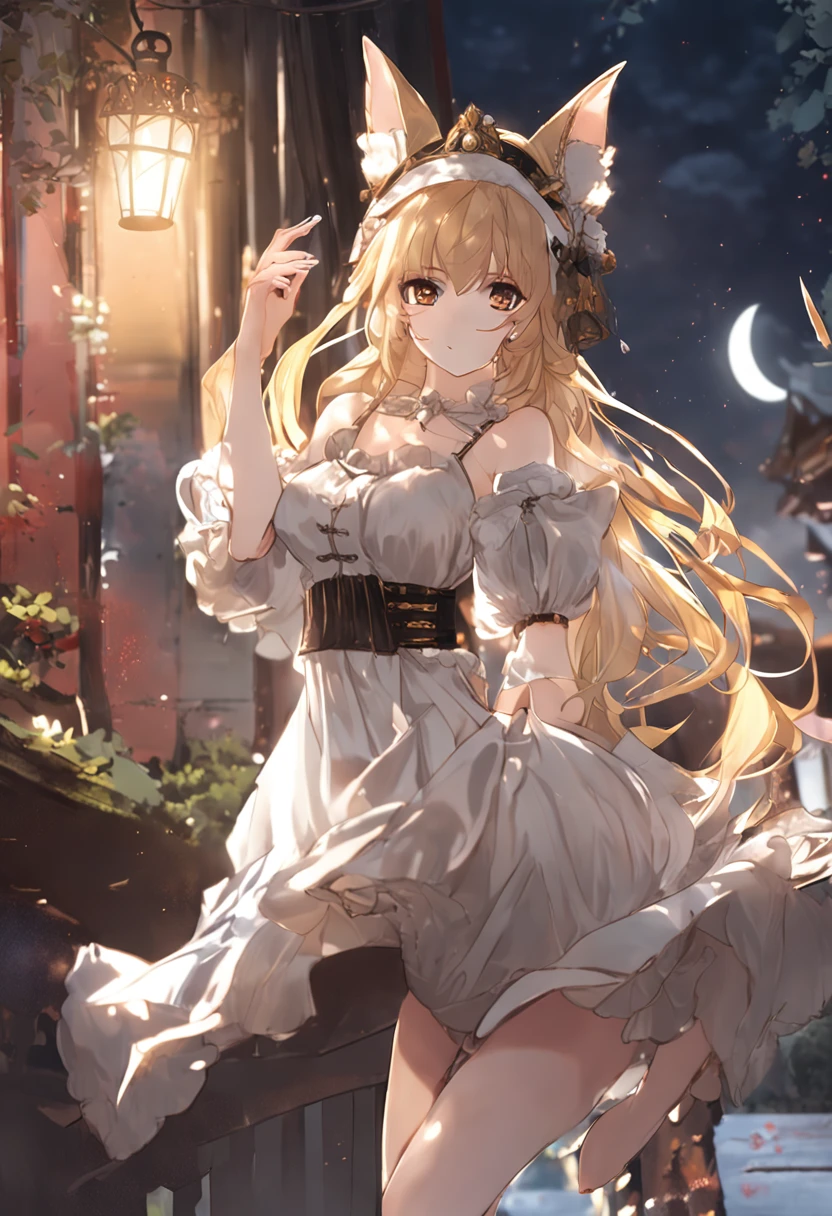 The figure of a seductive girl、Cute girl figure、Anime Gravure Idol Figure、Golden hair、long、eye glass、Fox ears、Fox tail、witch's hat、long robe、White blouse、plaid skirts、Full Moon Night、Dancing、pretty face with arms and legs、Norse goddesses、a sexy girl、photo of slim girl model、European Girl、Photorealistic perfect body、low angles
