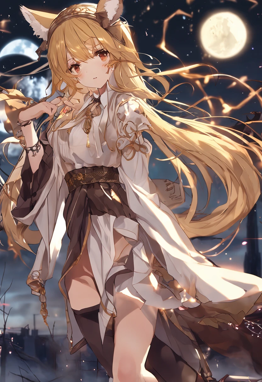 The figure of a seductive girl、Cute girl figure、Anime Gravure Idol Figure、Golden hair、long、eye glass、Fox ears、Fox tail、witch's hat、long robe、White blouse、plaid skirts、Full Moon Night、Dancing、pretty face with arms and legs、Norse goddesses、a sexy girl、photo of slim girl model、European Girl、Photorealistic perfect body、low angles