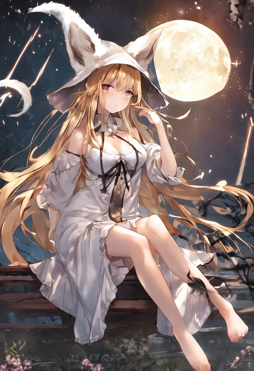 The figure of a seductive girl、Cute girl figure、Anime Gravure Idol Figure、Golden hair、long、eye glass、Fox ears、Fox tail、witch's hat、long robe、White blouse、plaid skirts、Full Moon Night、Dancing、pretty face with arms and legs、Norse goddesses、a sexy girl、photo of slim girl model、European Girl、Photorealistic perfect body、low angles