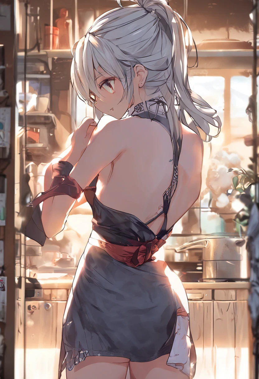 From behind,A high resolution,(Best quality),Incredibly detailed,Natural lighting,Kitchen,1girll,Sexy pose,(Highly detailed face),looking over shoulder,Emilia re:zero, purple eyes, Emilia, crown braid, x hair ornament, flower hair ornament, white hair, long hair, medium breasts,Long ponytail,standing,Long shirt,See-through,Medium breasts,Lively breasts,Covered,Superskirt,(Black and purple lace panties)