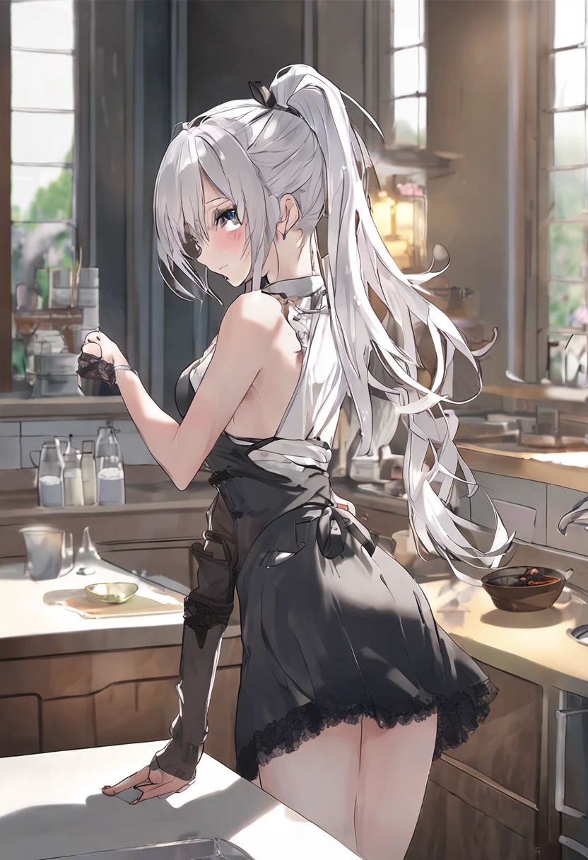 (masterpiece:1.3),(best quality:1.2),(ultra-detailed:1.2),(from back),see through hip,
1girl,(looking back),(bending over),detailed eyes,violet eyes,white hair,long hair,underwear,naked apron,
kitchen
