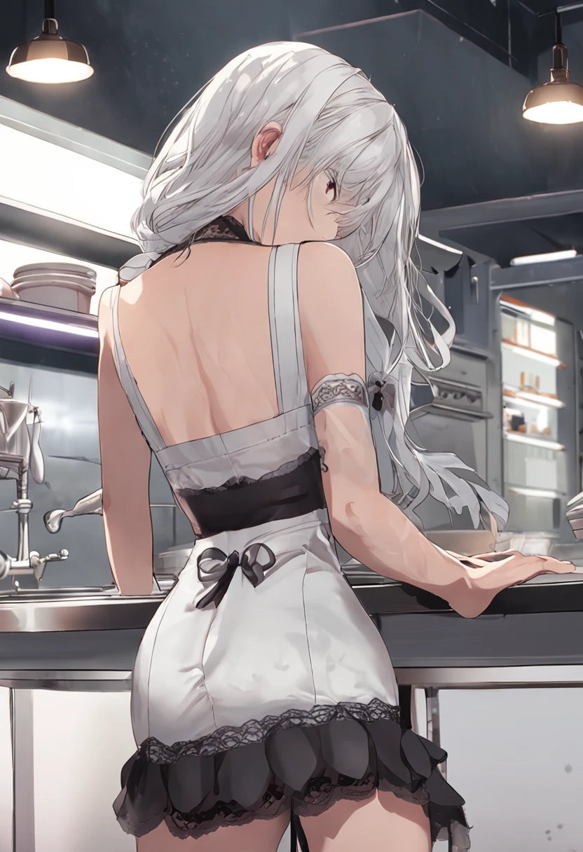 (masterpiece:1.3),(best quality:1.2),(ultra-detailed:1.2),(from back),see through hip,
1girl,(looking back),(bending over),detailed eyes,violet eyes,white hair,long hair,underwear,naked apron,
kitchen