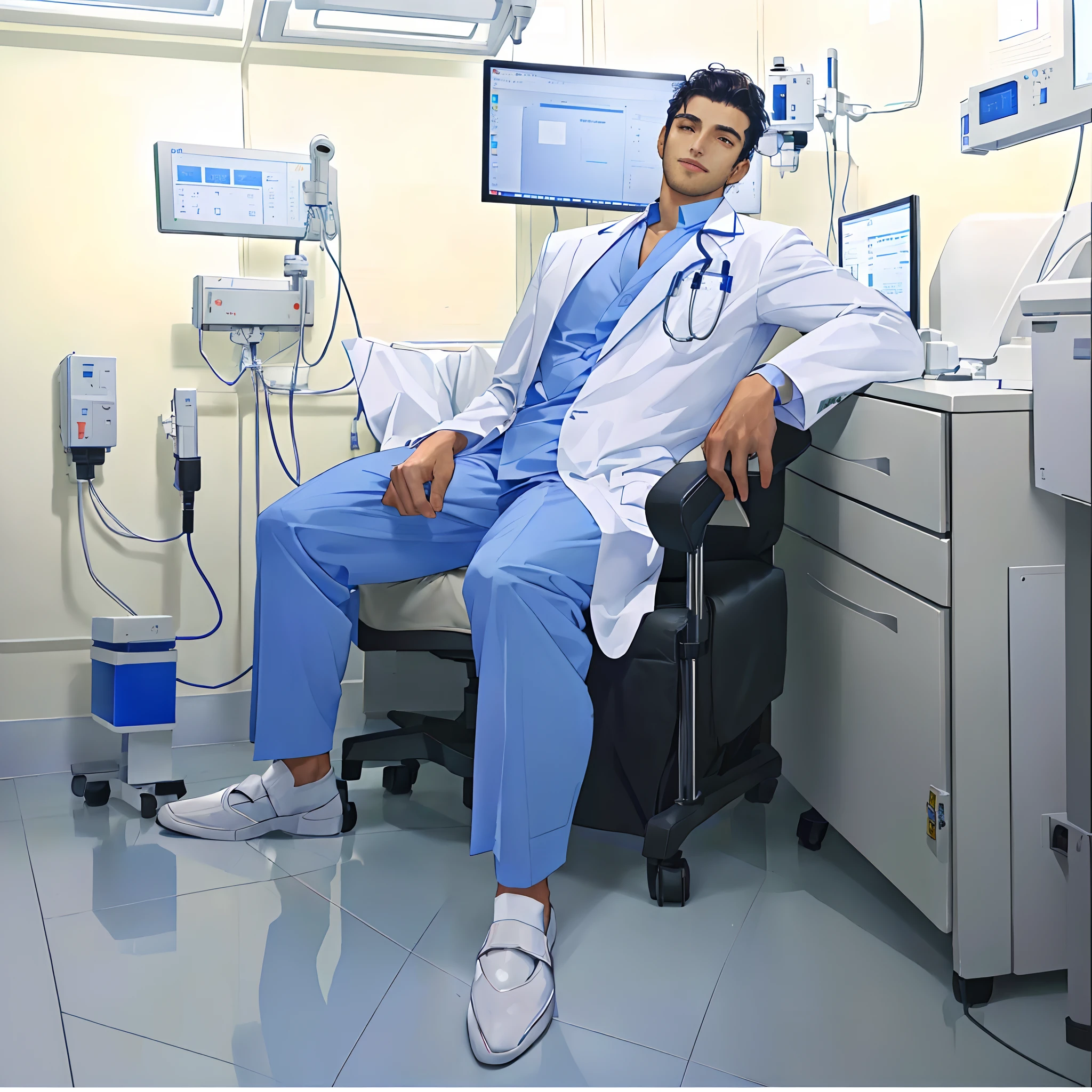 arafed male doctor sitting in a chair in a hospital room, medical photography, very handsome face with detailed facial features, correct accurate anatomy, doctor, medical doctor, healthcare worker, foxish guy in a lab coat, at the hospital in patient gown, wearing a white hospital gown, male physician, resting after a hard fight, wearing a labcoat,  doctors office, wearing a white lab coat