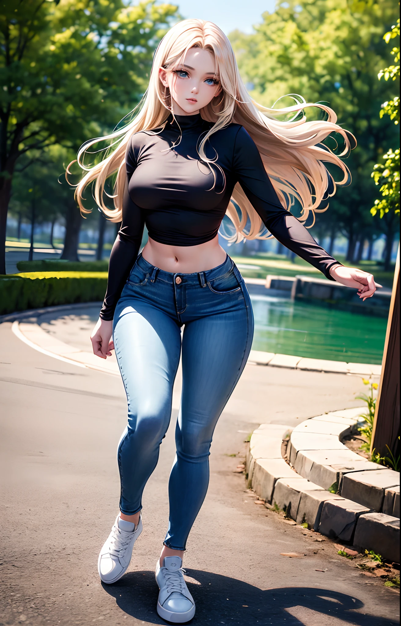 masterpiece, extremery magnificent view, perspective, extremery best quality, extremery detailed CG, 8k wallpaper, high resolution, highly detailed face, highly detailed eyes, perfect anatomy, super detailed skin,
(dynamic angle, dynamic pose:1.2), outdoors, park, tree and pond, (portrait, legs focus, full body), (beautiful face, beautiful eyes, beautiful legs:1.3),
1 girl, solo, (black top, skinny jeans:1.3), long sleeves, medium breasts, blond hair, long hair, floating hair, straight hair, open forehead, parted bangs, (white sneakers:1.3), blue eyes, (navel:0.8), skinny, slender, wide hips, thin waist
