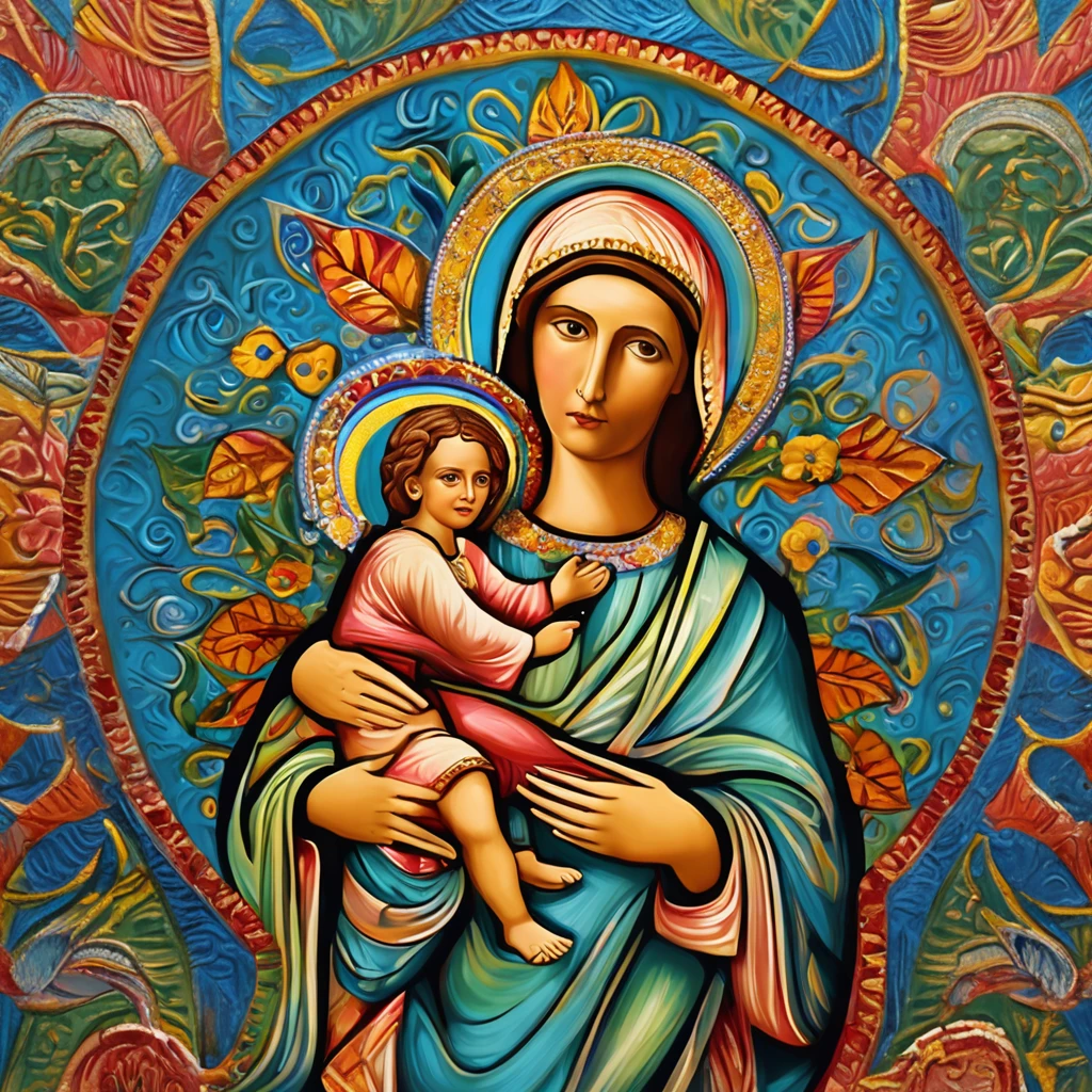 create an image of Our Lady carrying Jesus Christ on her lap from the waist up wearing a blue and white tunic with bright diamond details, usando uma coroa de flores multicoloridas , olhos verdes, an aura in the colors of the rainbow around their heads, detalhes altos, Realistic, Detalhamento ultra intrincado, 8k, volumeric lighting, cinemactic. Image with resolution of at least 300dpi, intrincado, alto detalhe, Dramatic, imagem vetorial ao fundo um grande Sol