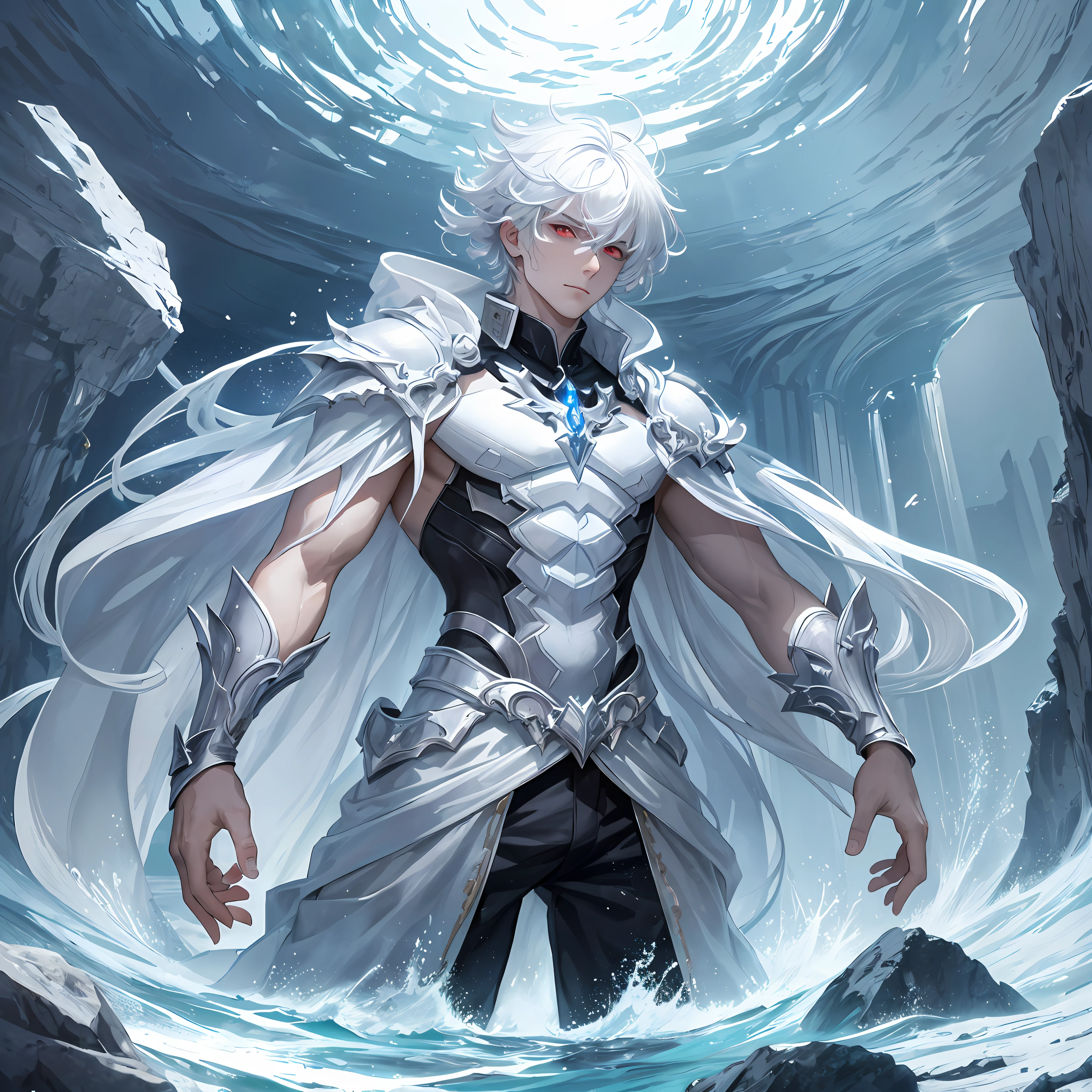 A boy with white hair, red eyes, in a crystalline underwater environment surrounded by large majestic and imposing mountains, with a strong presence of light coming from the top of the surface.