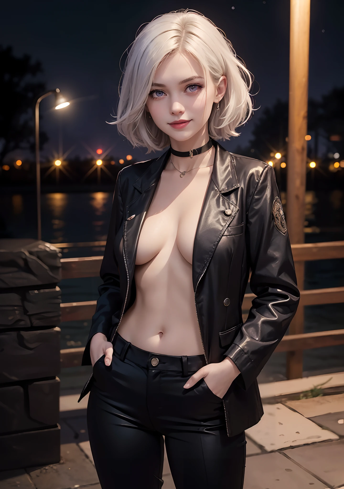 (masterpiece, best quality:1.2), cowboy shot, solo, 1girl, realistic white hair, short wavy hair, purple eyes, average breasts, slender body, light smile, looking at viewer, hands in pockets, dark business suit, deep cleavage, midriff, navel, (braless), black pants, choker, office, night light, night time