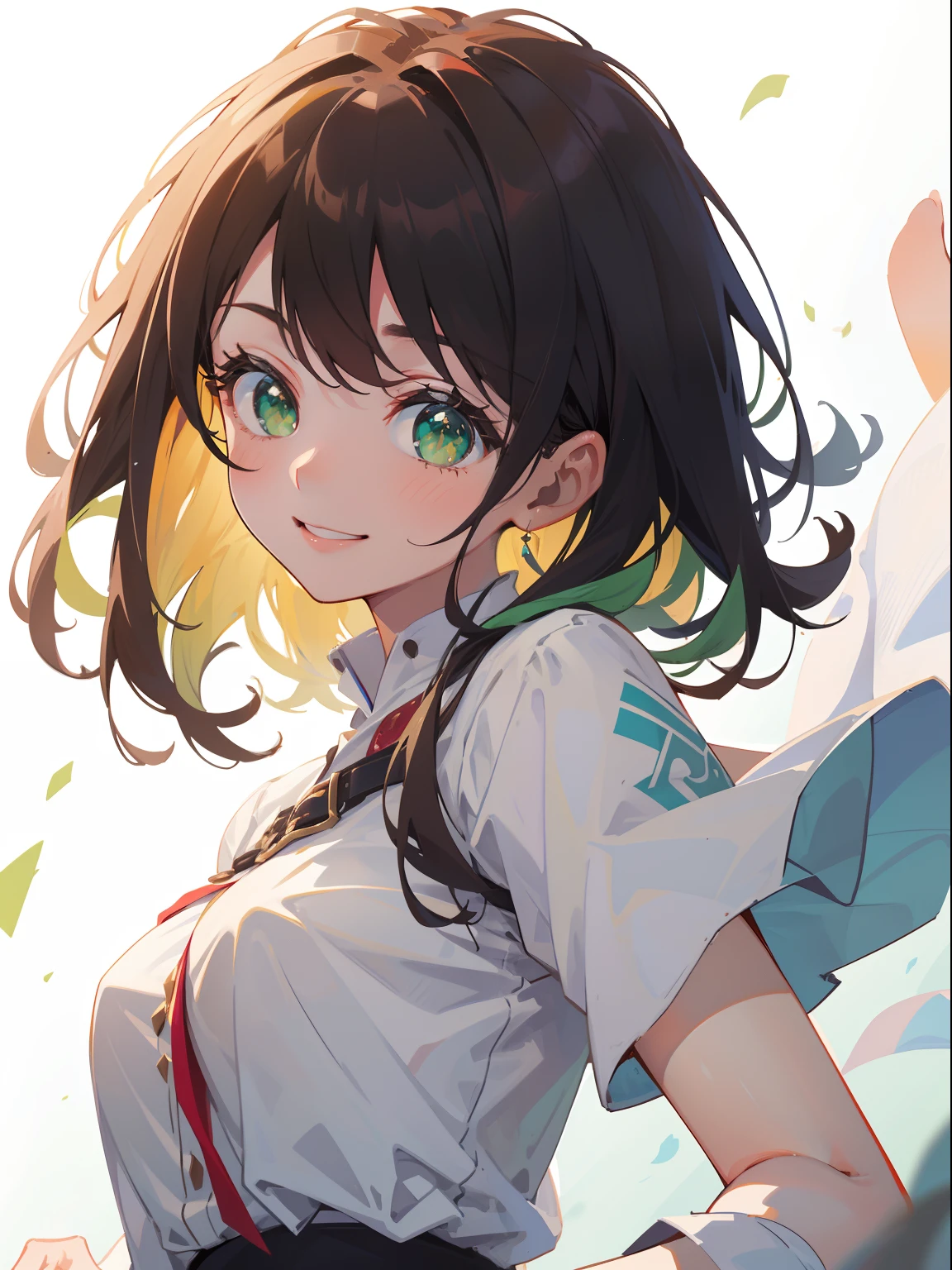 (masterpiece), (best quality), ultra high res, sharp focus, ((1 woman, solo)), upper body, dutch angle, beautiful detailed hair, chestnut brown hair, long hair tumbles down, beautiful detailed face, ((beautiful shape eyes, green eyes)), perfect feminine face, comfortable face, feminine light homey outfit, smiles to the viewer, (white background:1.5)