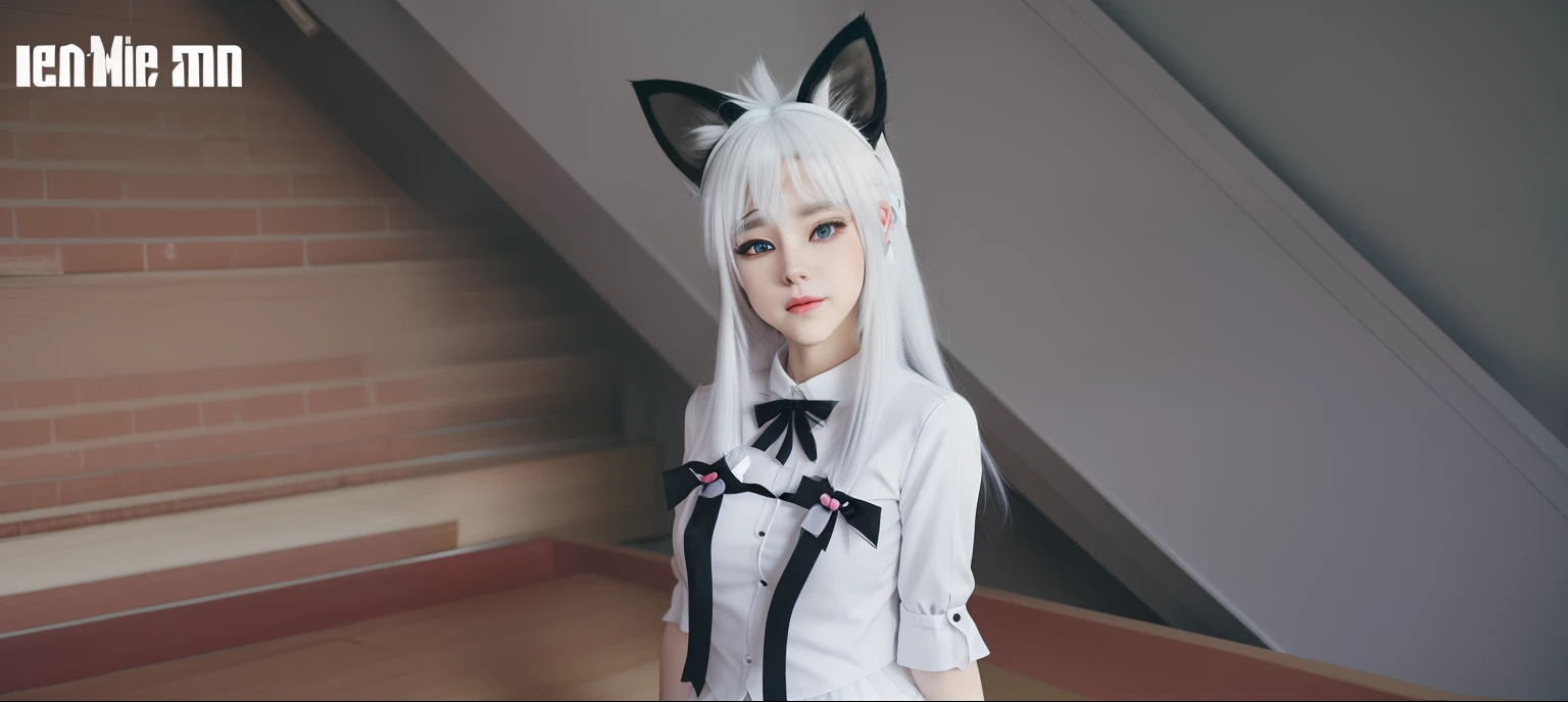 A white-haired teenage girl with cat ears