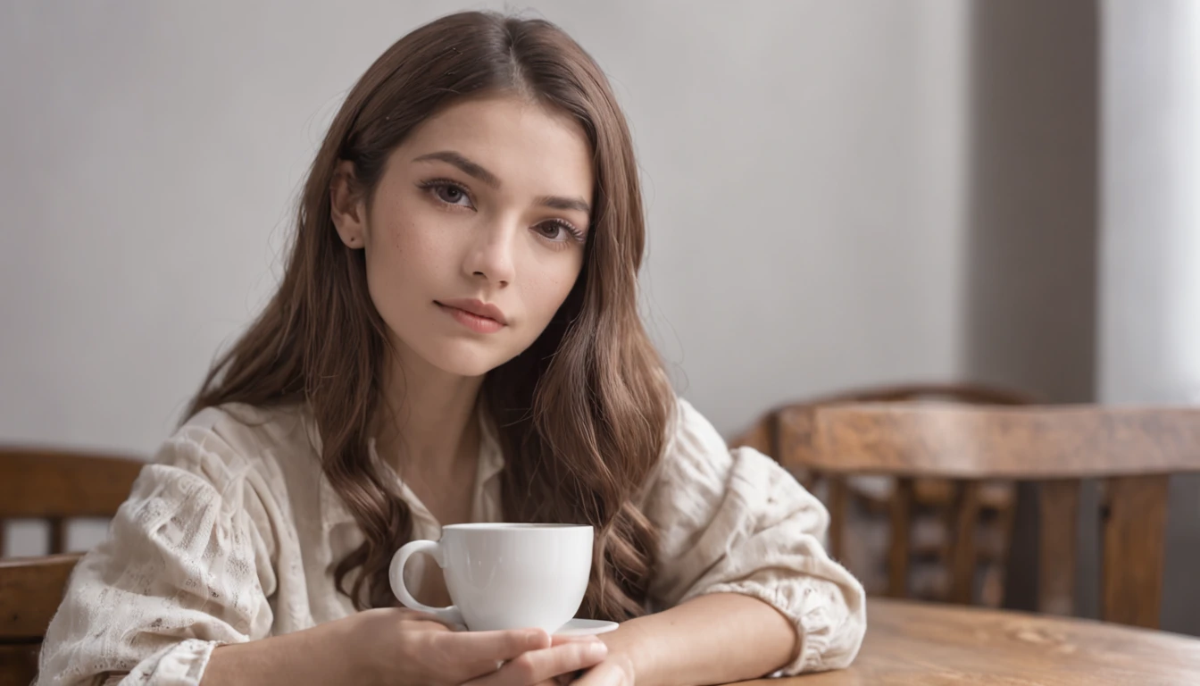 a woman at a table with a cup of coffee, garota misteriosa da cafeteria, sitting in a café, sitting in a café by herself, visual real de uma senhora bonita, sitting alone in a café, Kawacy,  4k