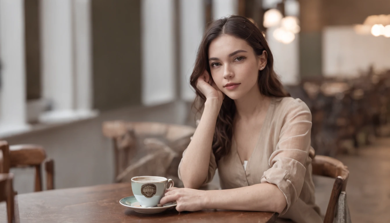 a woman at a table with a cup of coffee, garota misteriosa da cafeteria, sitting in a café, sitting in a café by herself, visual real de uma senhora bonita, sitting alone in a café, Kawacy, 4k
