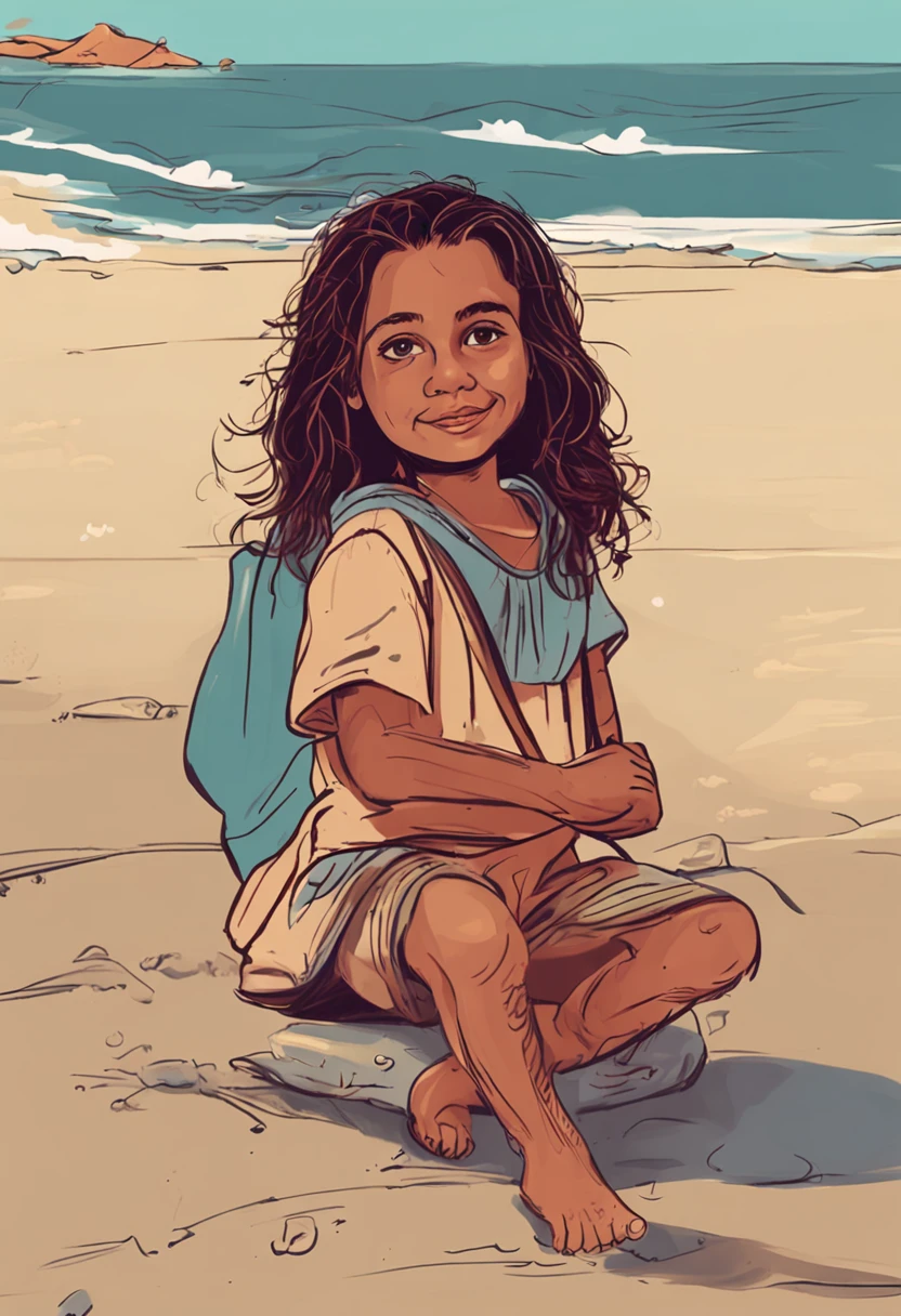 de 5 anos, cabelo longo, liso e preto, olhos brilhantes, curious expression, utilizando roupa camponesa, em uma praia, poses and facial expressions, children's illustration style, simples, Fofa, cores. Pintura SNES