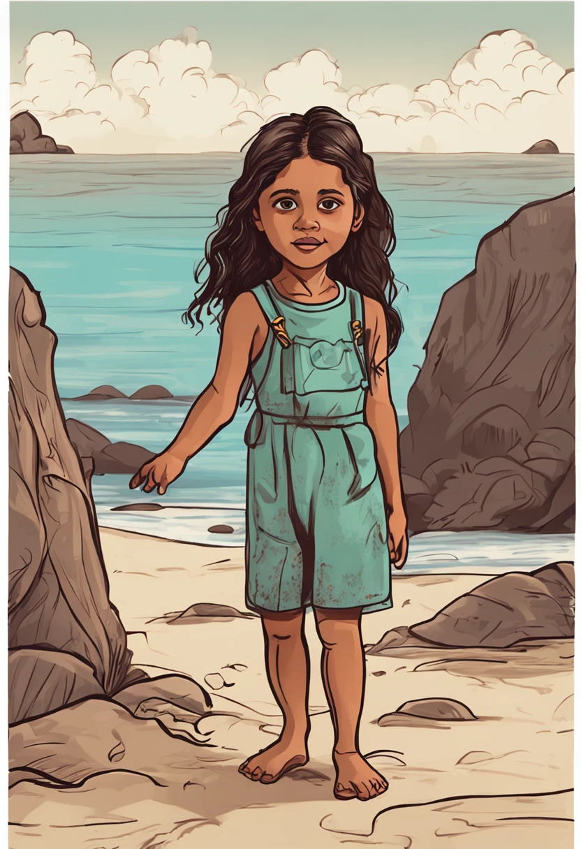 Menina de 5 anos, cabelo longo, liso e preto, olhos brilhantes, curious expression, utilizando roupa camponesa, em uma praia, poses and facial expressions, children's illustration style, simples, Fofa, cores. Pintura SNES