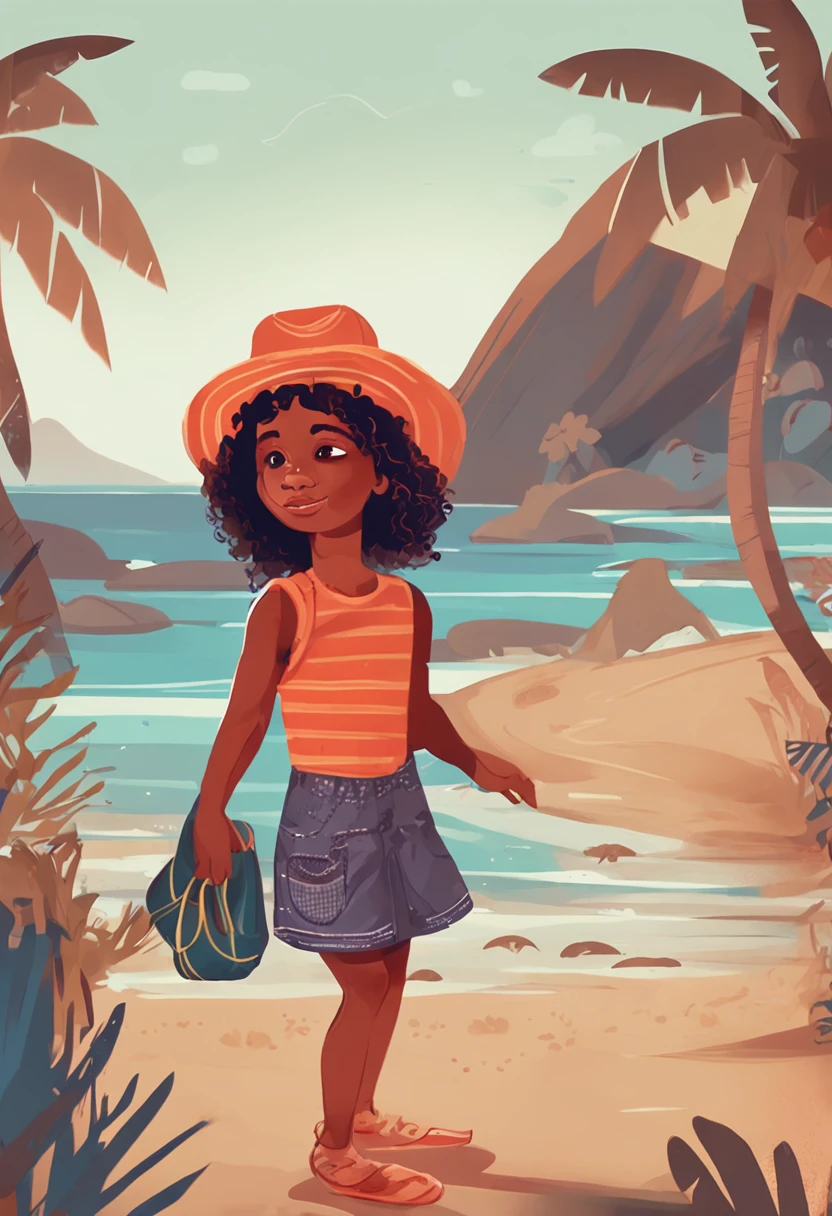 Menina de 5 anos, cabelo longo, liso e preto, olhos brilhantes, curious expression, utilizando roupa camponesa, em uma praia, poses and facial expressions, children's illustration style, simples, Fofa, cores. Pintura SNES