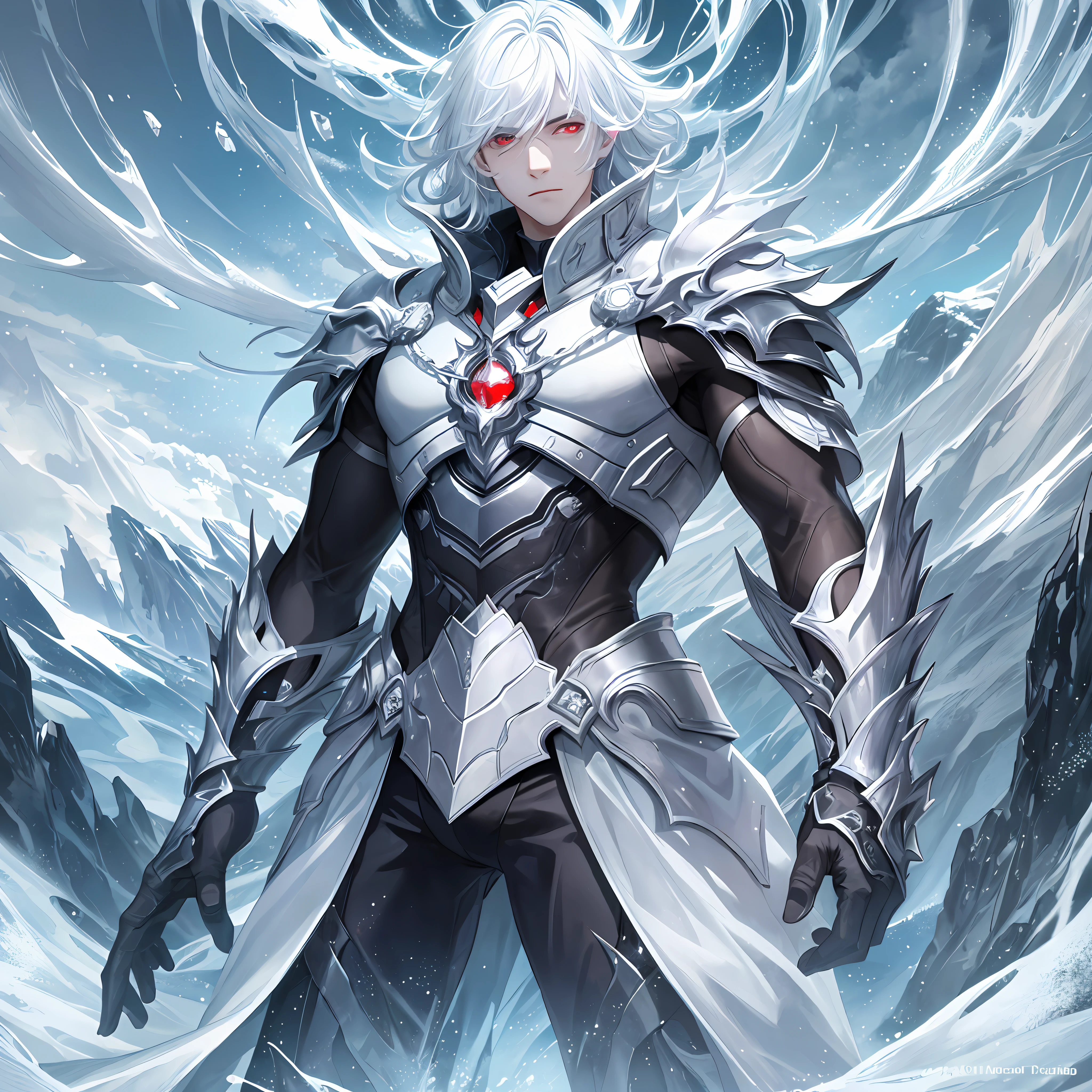 A boy with white hair, red eyes, in a crystalline underwater environment surrounded by large majestic and imposing mountains, with a strong presence of light coming from the top of the surface.