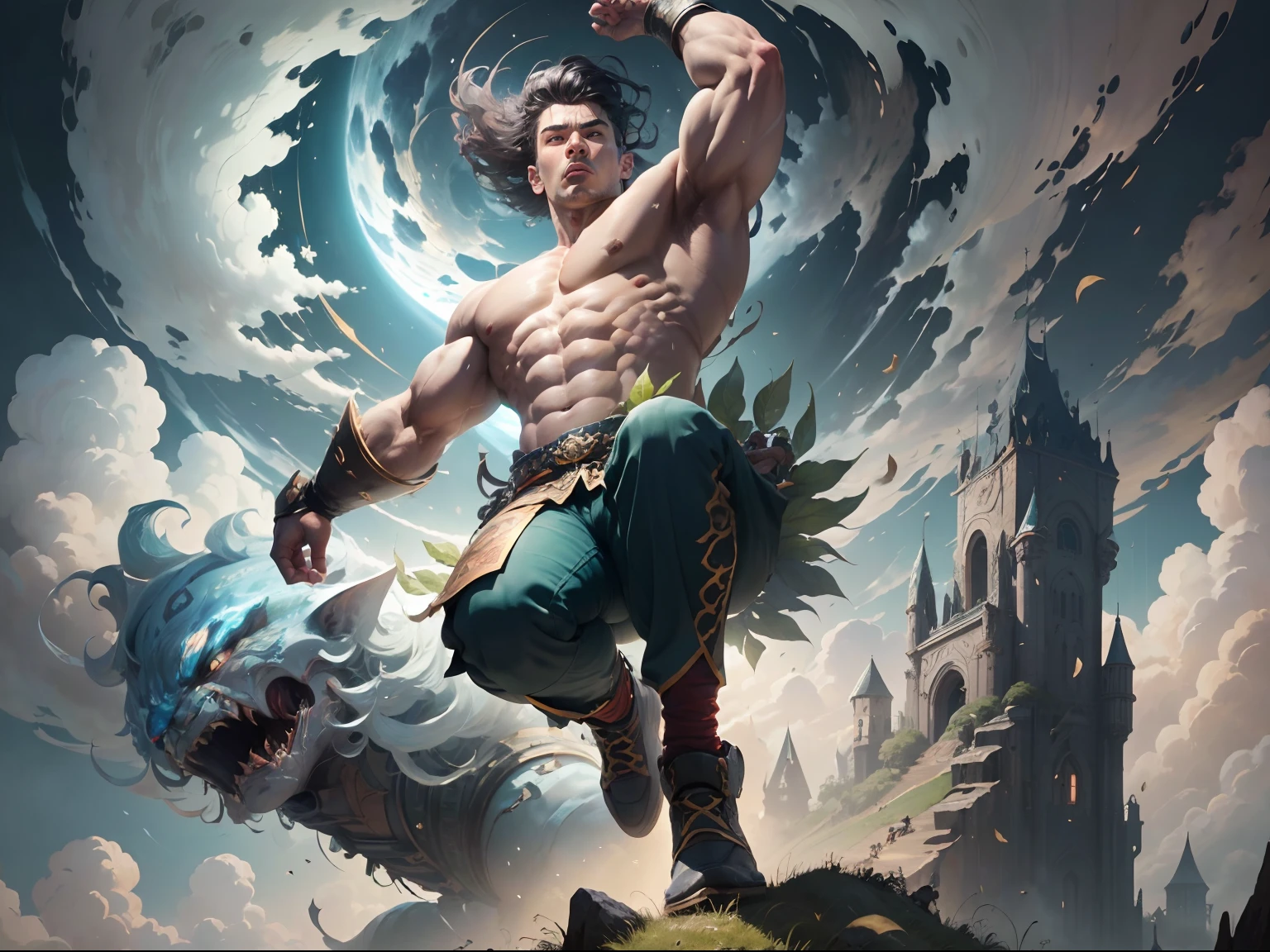 ((Masterpiece)), (Best quality)), 8K, High detail, hyper-detailing.(super wide shot:1.5), (Full shot), of a guy,Chinese face,der riese,arms stretched wide,Lift up the sky,Step on the ground with your legs open,The expression is powerful,Head up 45 degrees,Naked upper body,Muscles are strong,Wearing a pants skirt made of leaves,The sky is blue,dark stormy clouds,Sunlight passes through dark clouds,Shine on the giant's face,The earth is dry and cracked。 Muscular body, Majestic, and Sacred Movie View, From below, From above, Fantasy style, Super wide sky and land, looking viewer,