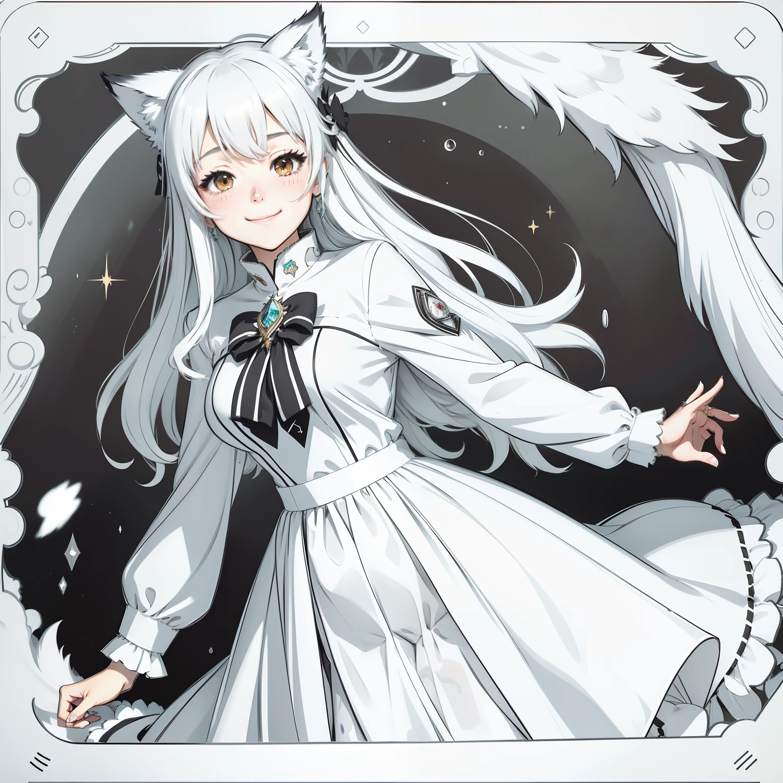 (fuuka_kobayashi:1.0), drawing, 1girl, ??, animal ears, bangs, blush, breasts, brooch, dress, english, flying sweatdrops, grin, hair between eyes, jewelry, long hair, long sleeves, looking at viewer, medium breasts, monochrome, simple background, sketch, smile, upper body, white background, wolf ears