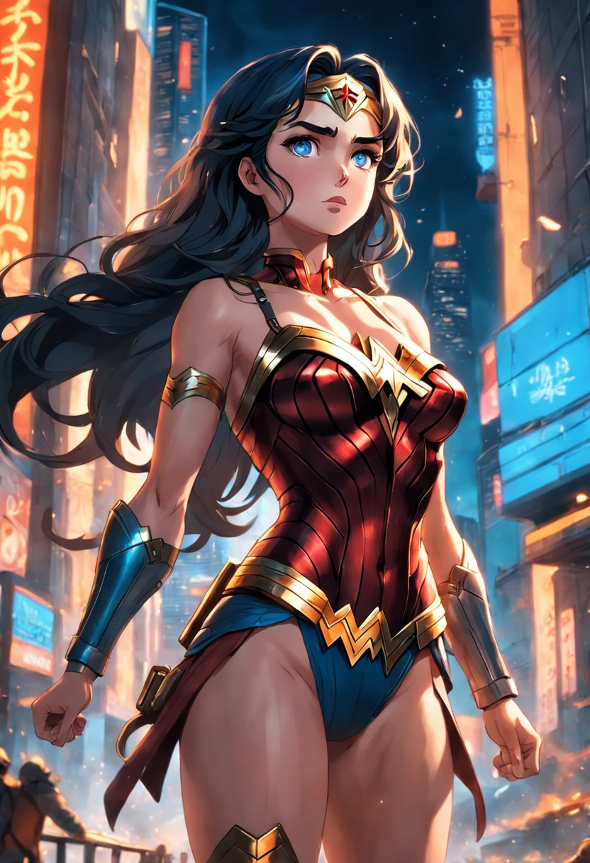 A Hyperrealistic Wonder Woman, Perfect Body, Perfect face, Perfect hands, Perfect, Legs, In a City in Fire, detailed and Intrincicated, bioluminicense, HD