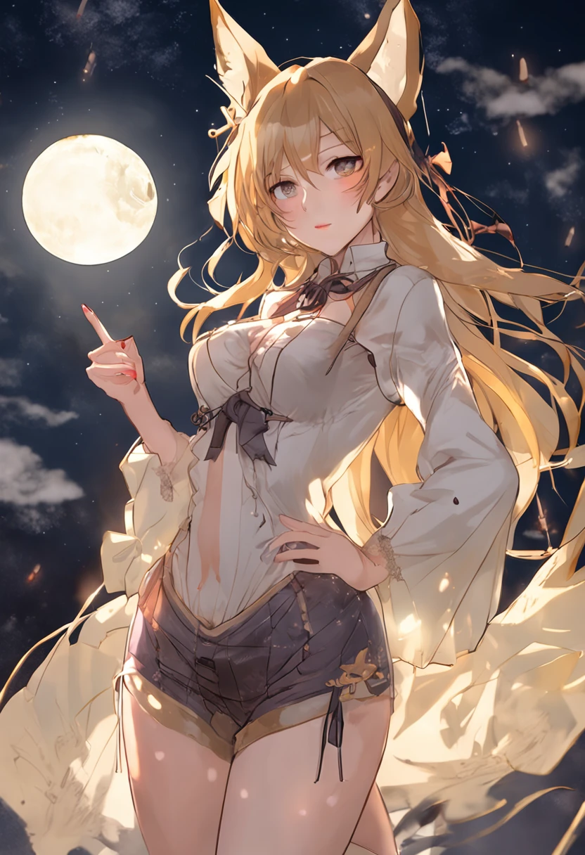 The figure of a seductive girl、Cute girl figure、Anime Gravure Idol Figure、Golden hair、long、eye glass、Fox ears、Fox tail、The Steampunk Witch、witch's hat、long robe、White blouse、plaid skirts、Full Moon Night、Dancing、pretty face with arms and legs、Norse goddesses、a sexy girl、photo of slim girl model、European Girl、Photorealistic perfect body、low angles