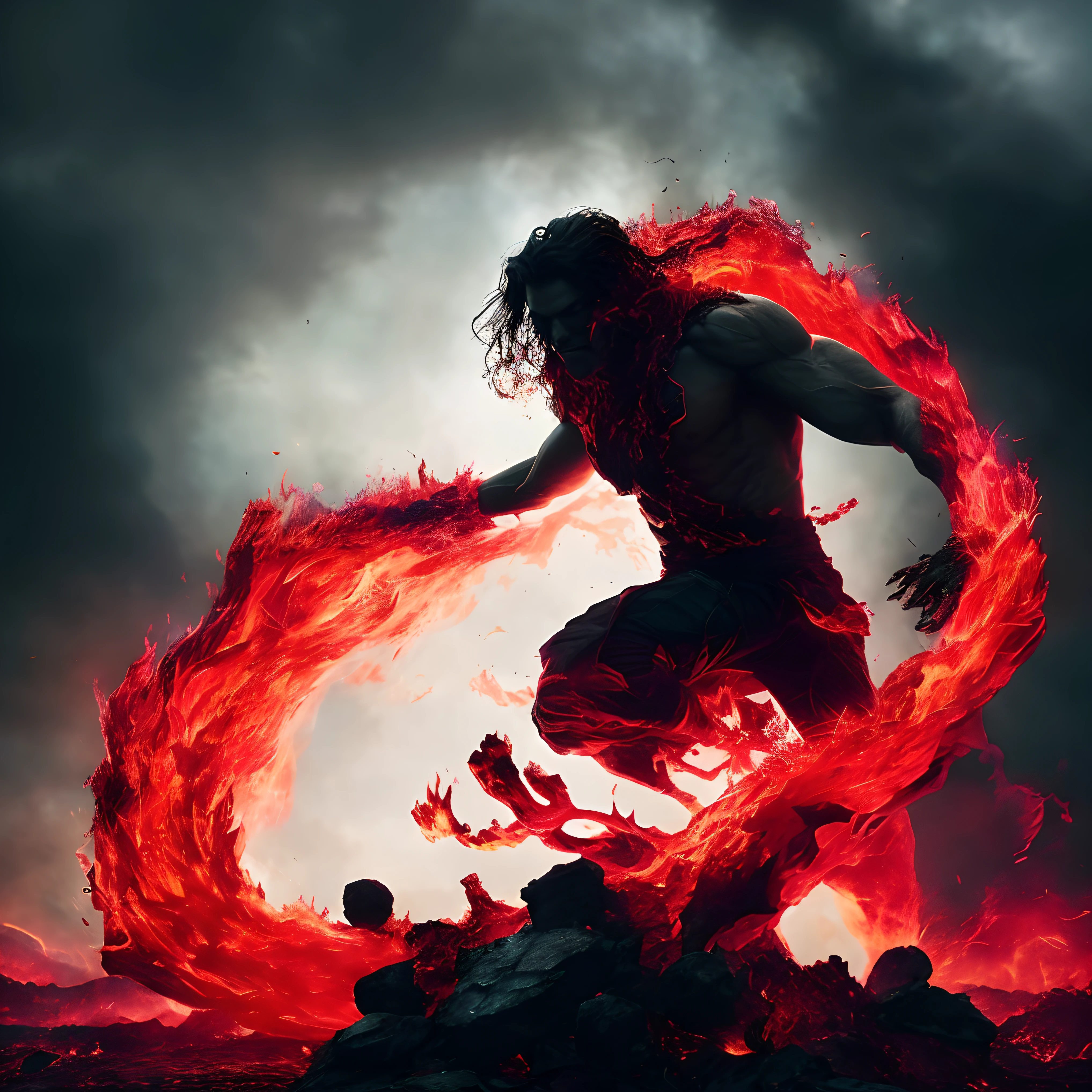 a man with a red fire ring in his hand, hq 4k phone wallpaper, inspired by Mike Winkelmann, dan mumford. 8 k octane render, muscled humanoid balrog demon, fantasy style 8 k octane render, greg rutkowski. octane render, made of lava, dan mumford. octane render, greg rutkowski octane render, 8k vfx render, SURROUNDED BY FIRE, CHAOS UNLEASHED, RAGE UNLEASHED