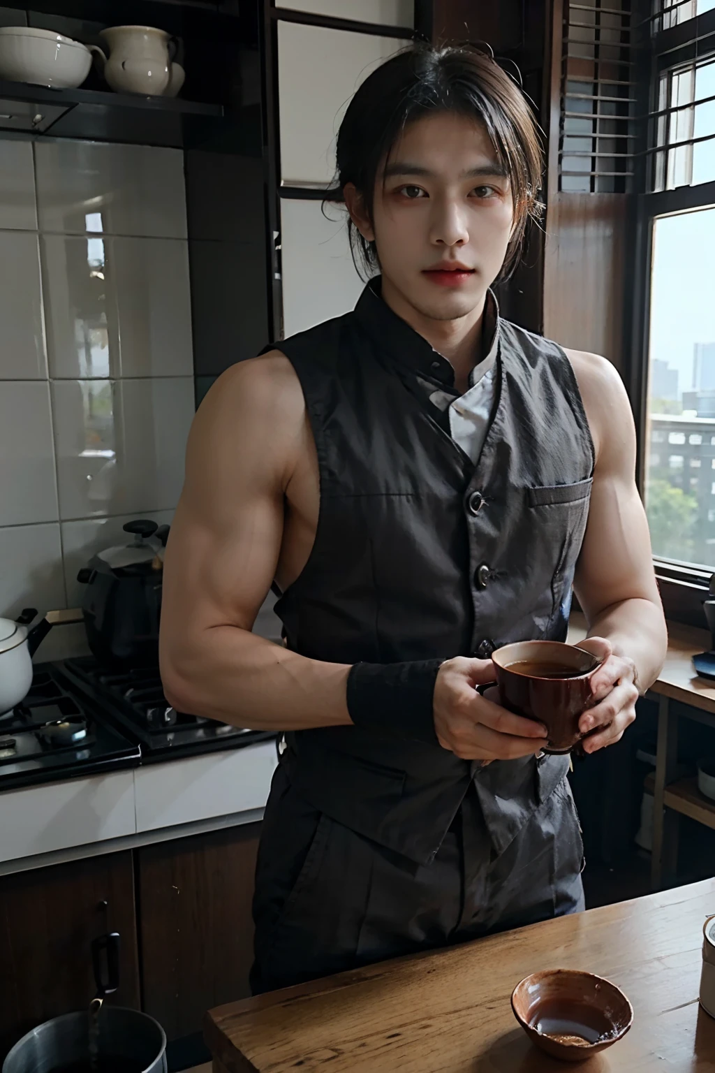 Lin Minghong、Taiwanese man、Traditional Taiwanese tea masters。Medium and high and short black hair、Muscular and macho。Traditional tea master costumes。Dandy impression。