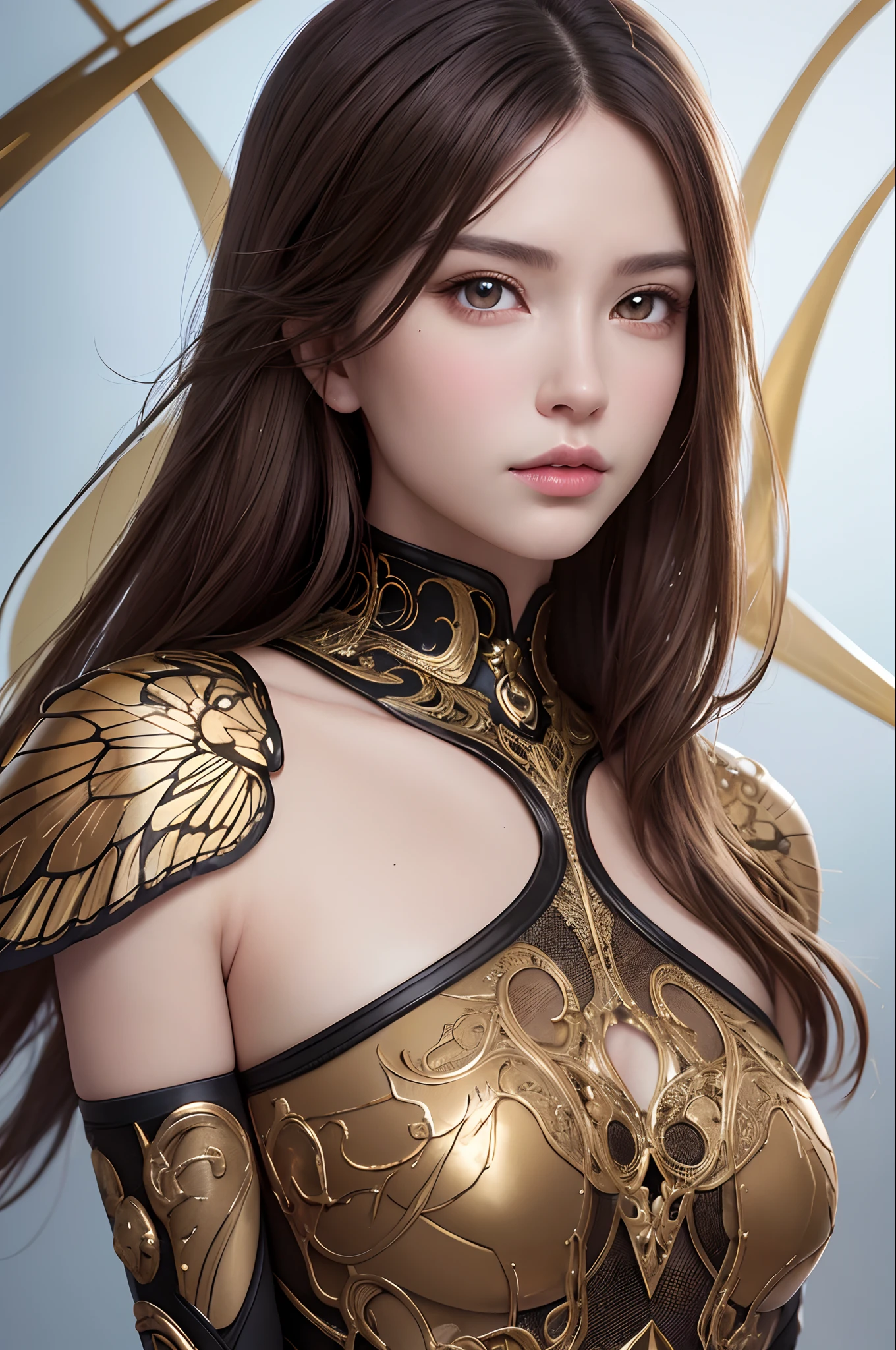 8k portrait of beautiful cyborg with brown hair, Intricate, elegant, Highly detailed, Majestic, Digital photography, art by artgerm and ruan jia and greg rutkowski surreal painting gold butterfly filigree, Broken glass, (Masterpiece, side-lighting, fine detailed beautiful eyes: 1.2), hdr, (Detailed background window for the new dimension, plants and flowers:0.7) unlimited, Infinity symbol,