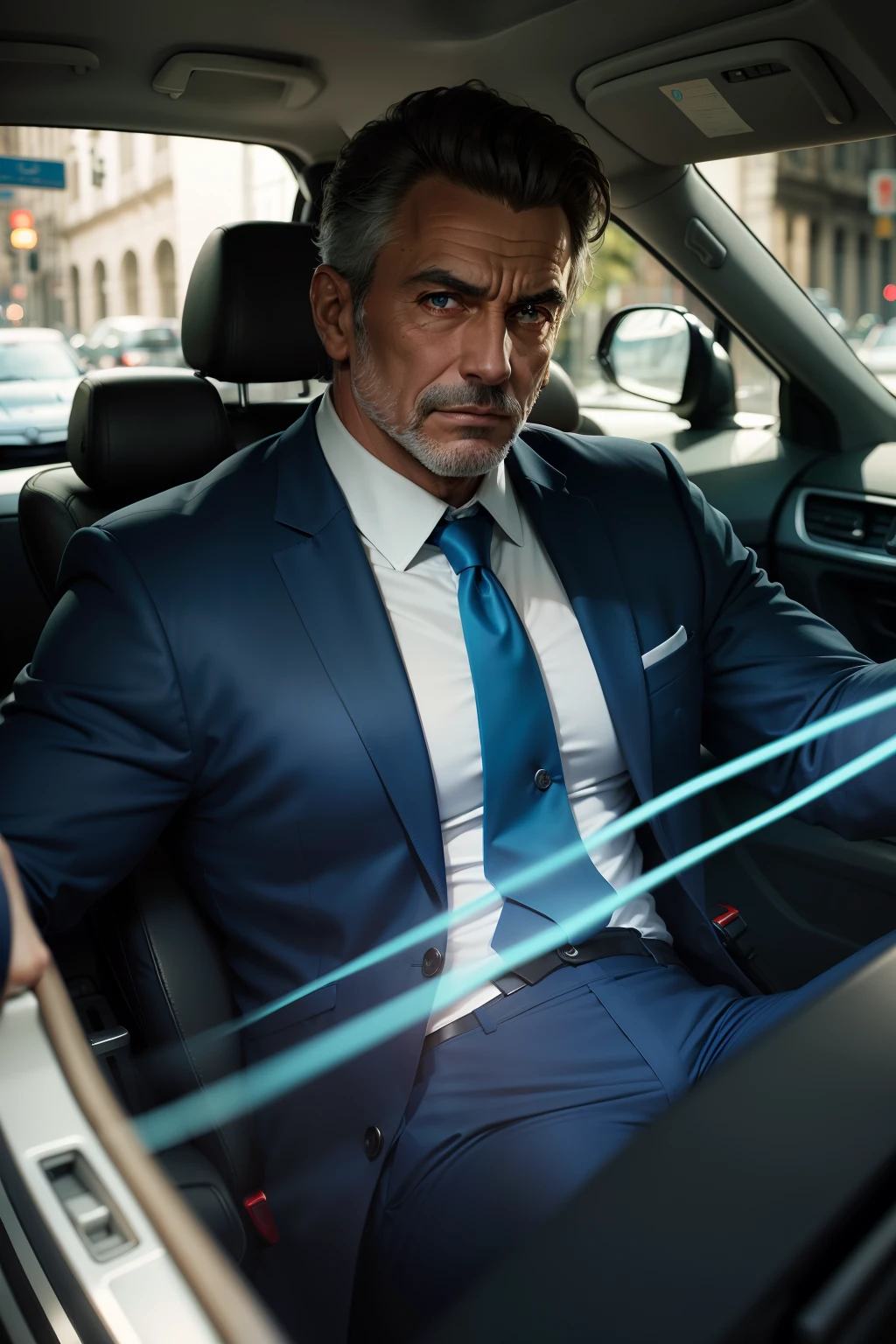 homem, advogado, dentro de um carro, usando terno cinza e gravata azul claro, tons suaves, HDR, alta qualidade.