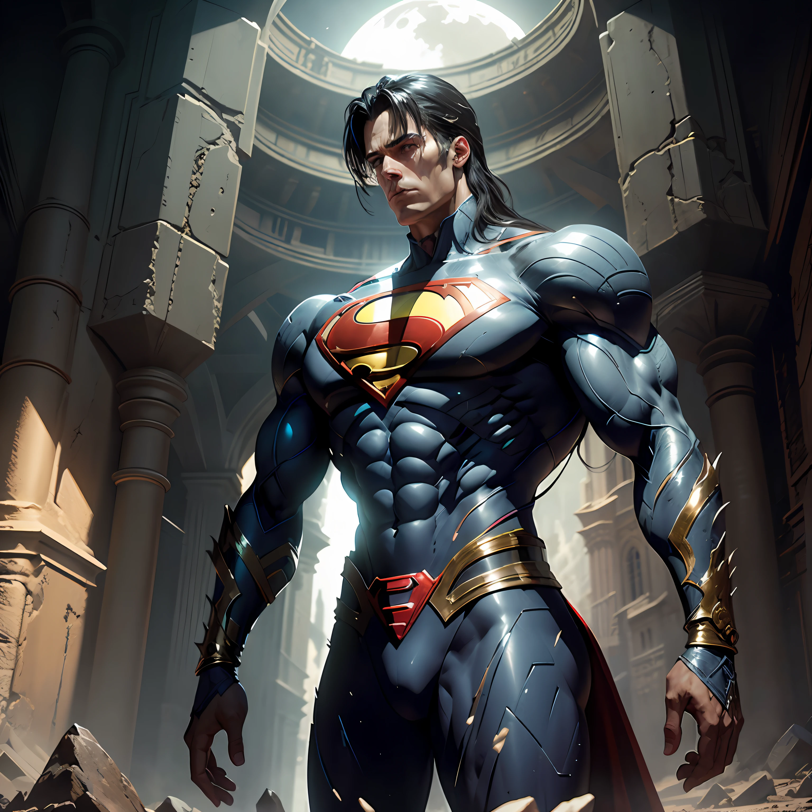 {{{SUPERMAN}}} stands imposing in a gothic lost city. Moonlight highlights your muscles and scars. The scenery is lush and mysterious, with futuristic tech and surroundings. The camera details everything, a warrior woman, in front of him. --auto