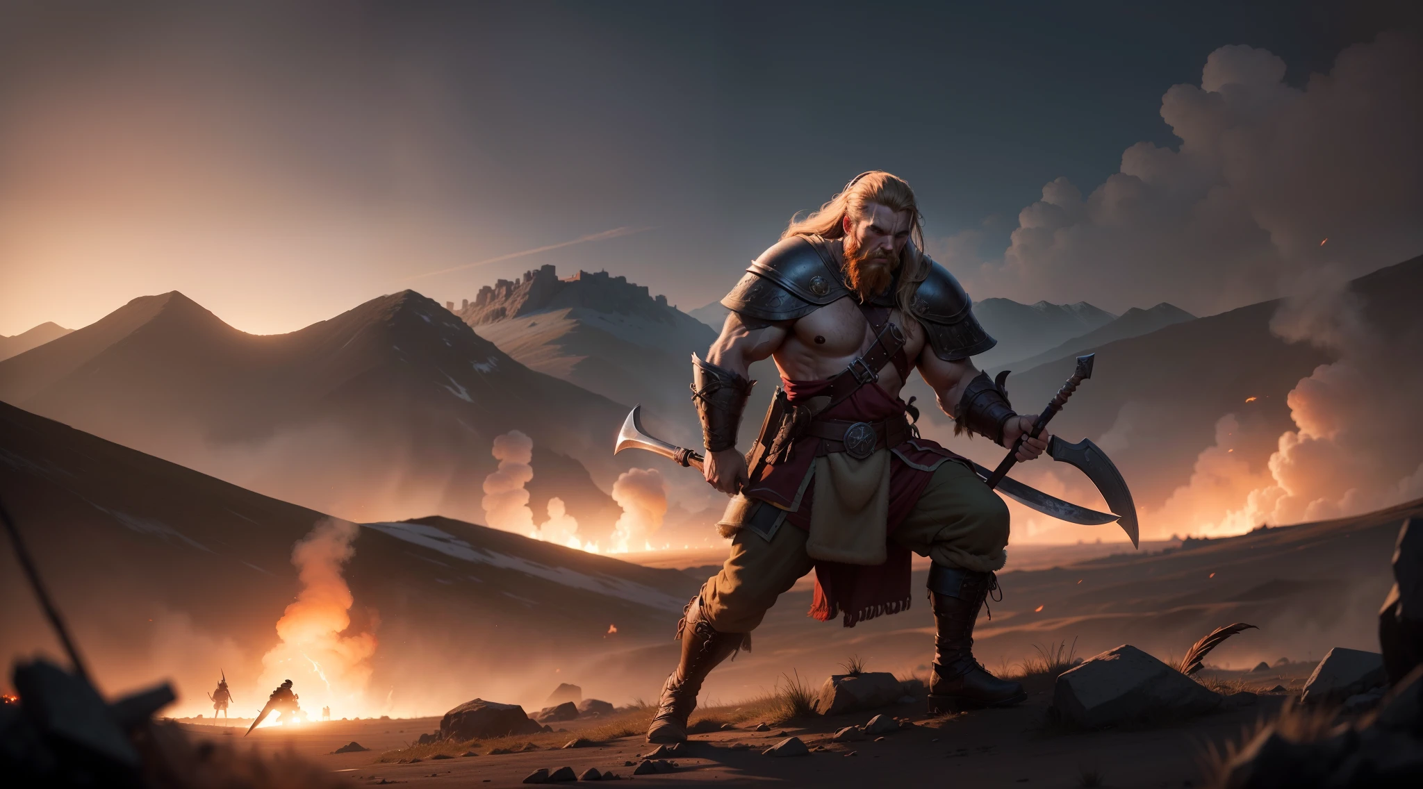 Crie uma imagem de um guerreiro viking em meio a uma batalha feroz. He's worn out and bruised, But his determination is unwavering. Ele empunha uma espada ensanguentada e enfrenta um grupo de inimigos, with debris and weapons carved into the ground around. The scenery is bleak, with allies and enemies fallen in the background. The flames dance on the horizon, casting a sinister light on the scene