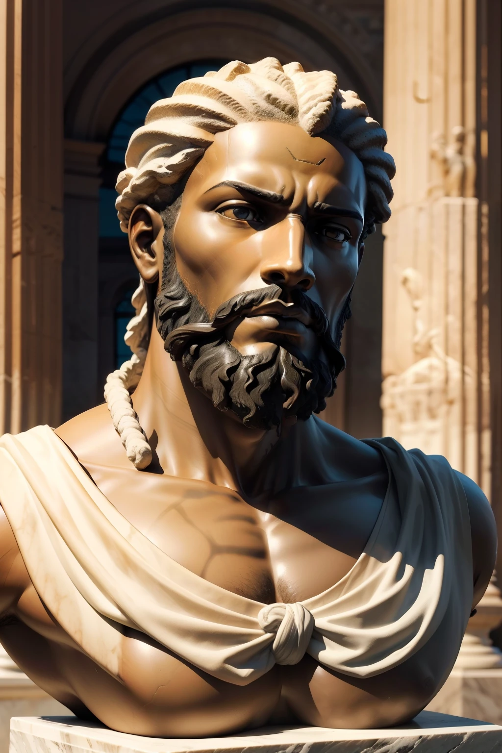 Realistic body statue of an African man with beard and beard, Divino e estoico africano , rosto estoico , Stoic and calm, Estoicismo, greco roman statue, facial and Stoic expression , an ancient greek statue, atitude estoica, classical statue, ancient greek statue, Estoico, Greek statue, classical marble sculpture, Statues of martyr