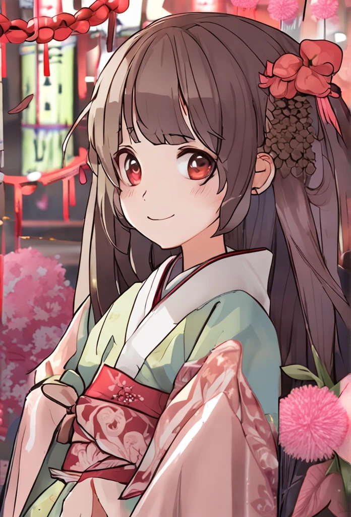 Masterpiece, Best quality, natta, full moon, Gorgeous clothes，Shy，good eyes，beautidful eyes，Red hair accessories，Tanabata，Tanabata Festival，Festive atmosphere，festivity，lamplight，the street，Ancient streets，Quaint，1 girl, Chinese style, Ancient China, sister, Imperial sister,, Brown hair, Princess cut, Single strips of fried dough twisted braid, Coiled hair, Light pink lips, calm, Intellectual, mid hair, green pupills, Hairpin, hydrangea,