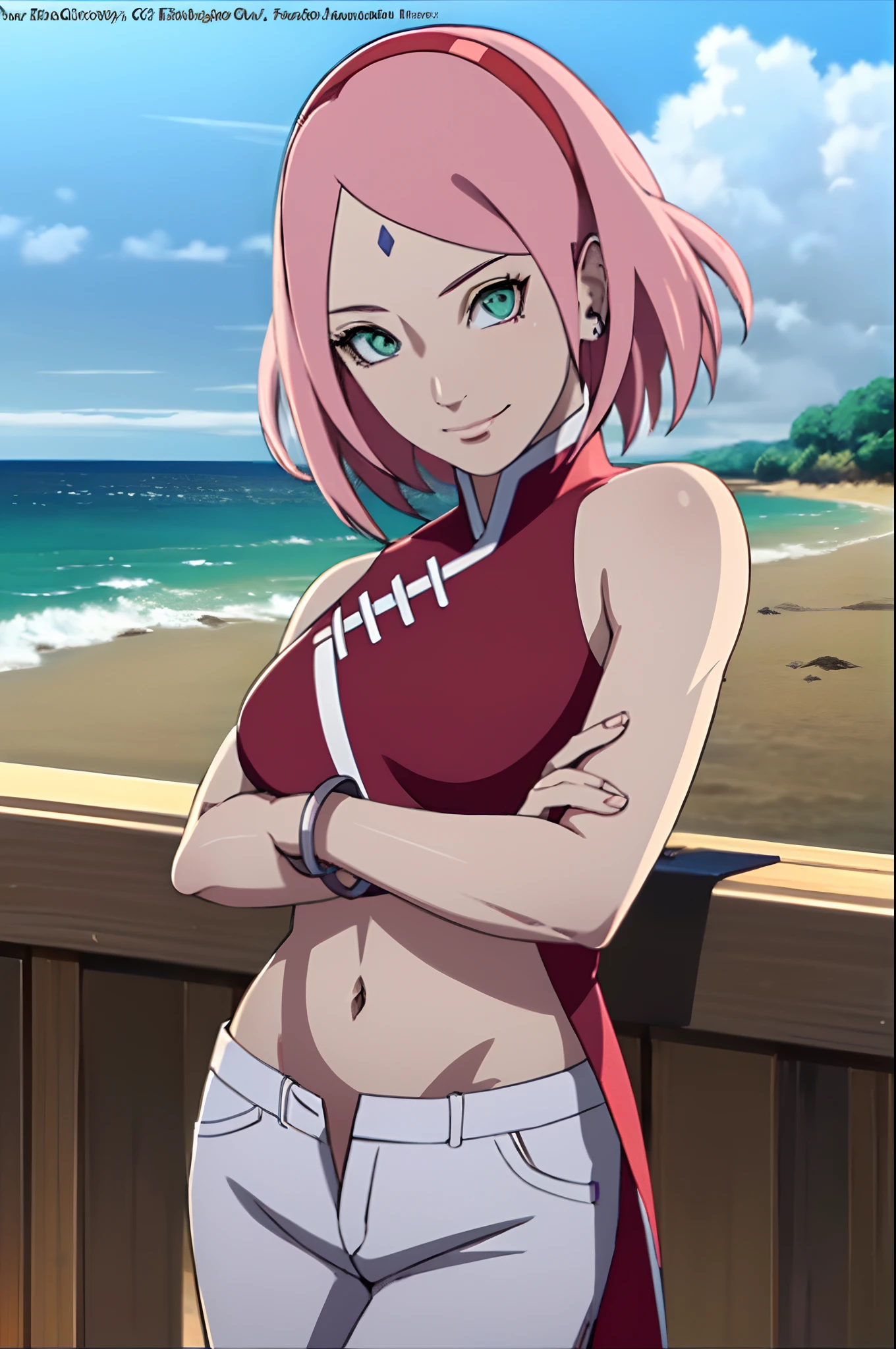 masterpiece, 1k, portrait, face shot, professional artwork, detailed beach background, intricate details, colorful, digital blending, ultra detailed body, ultra detail hair, ultra detail face, trending on pixiv, kind smile, very hot color, best quality, anime style: 1.9, 1girl, hires, haruno sakura, contrasty lighting, (forehead mark, milf, red hairband, pale skin, short hair, ((red sleeveless dress), white pants), navel, groin, bracelet, looking at viewer, crossed arms, pink hair, green eyes, smile, beach, wind, floating hair, detailed arms, off-shoulders, slightly muscular arms, standing), sunnyday