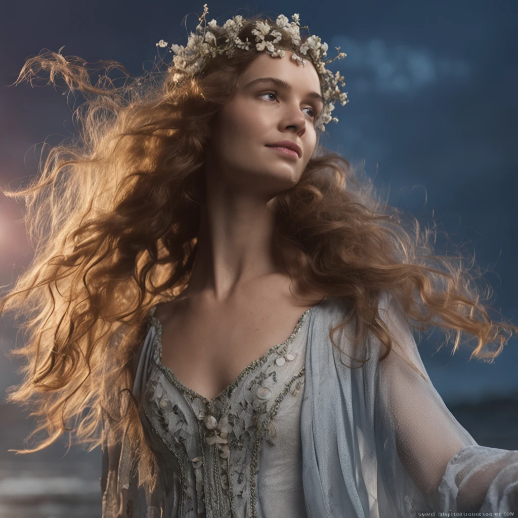 RAW photograph, high quality picture of a 18 yo english woman, close up of a bacchante, photorealistic, cinematic, dramatic, perfect face, well formed facial features, calm peaceful happy sexy expression, glowing pale white skin, soft skin, long loose flowing fair hair, flowers in her hair, small breasts, perfectly formed breasts, beautiful flowing grecian style dress, iridescent patterned dark blue dress, jewelry, dancing by a lake, sunset, low light, bokeh, short depth of field, low contrast, shadows, accurate face, high quality, ultra detailed, detailed facial features, accurate hands, accurate fingers, accurate feet, sensual, HD, 4k, 8k, JW Waterhouse
