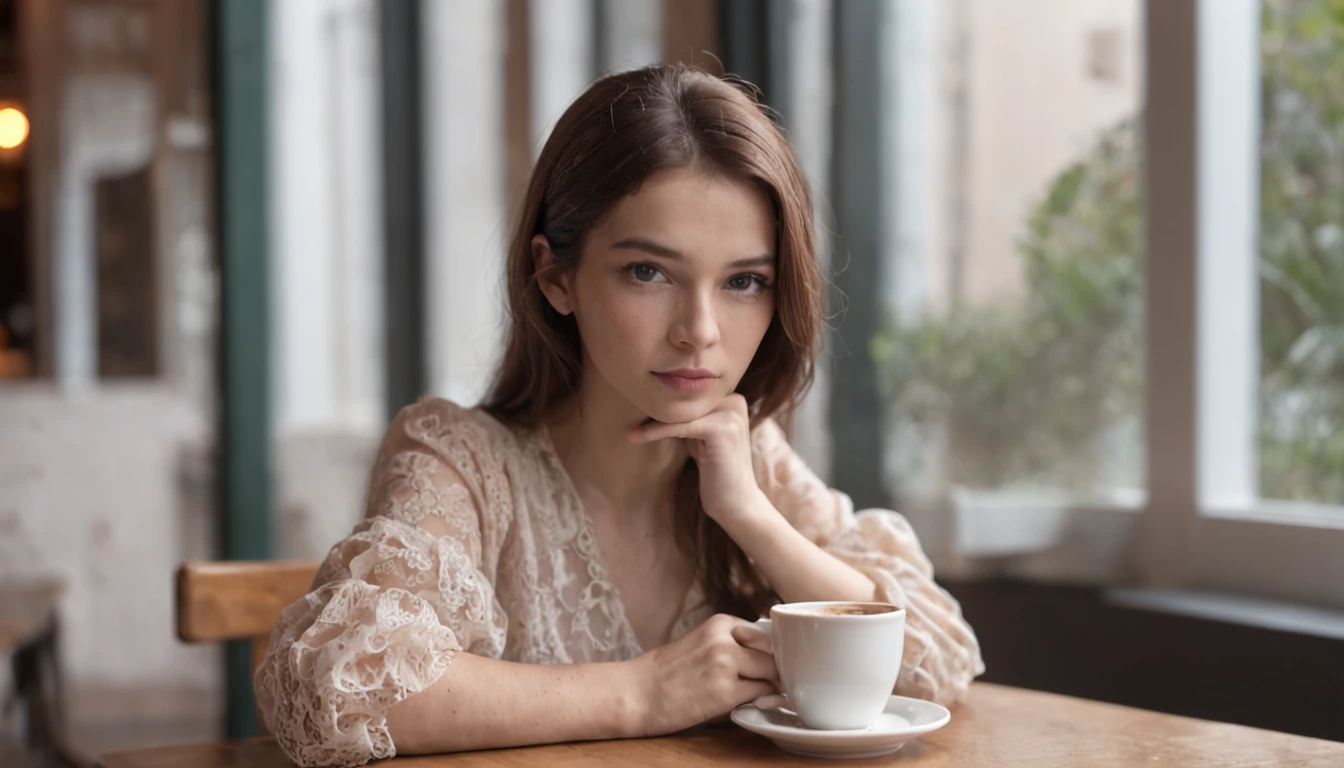 a woman at a table with a cup of coffee, garota misteriosa da cafeteria, sitting in a café, blusa laranja, sitting in a café by herself, visual real de uma senhora bonita, sitting alone in a café, Kawacy, 4k