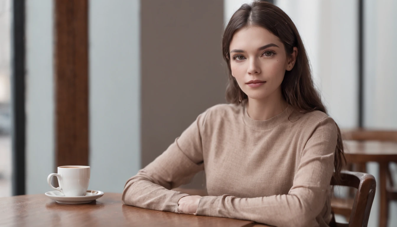 a woman at a table with a cup of coffee, garota misteriosa da cafeteria, sitting in a café, blusa laranja, sitting in a café by herself, visual real de uma senhora bonita, sitting alone in a café, Kawacy, 4k