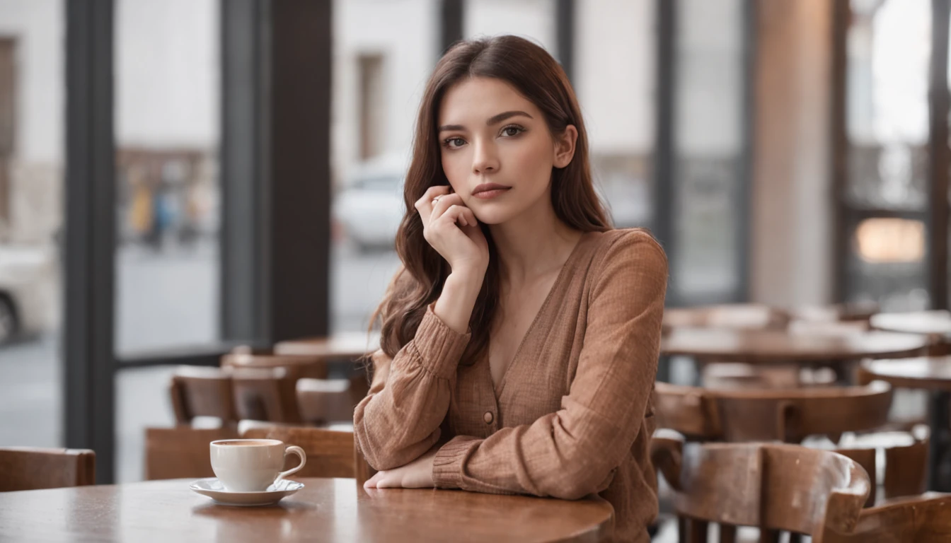 a woman at a table with a cup of coffee, garota misteriosa da cafeteria, sitting in a café, blusa laranja, sitting in a café by herself, visual real de uma senhora bonita, sitting alone in a café, Kawacy, 4k