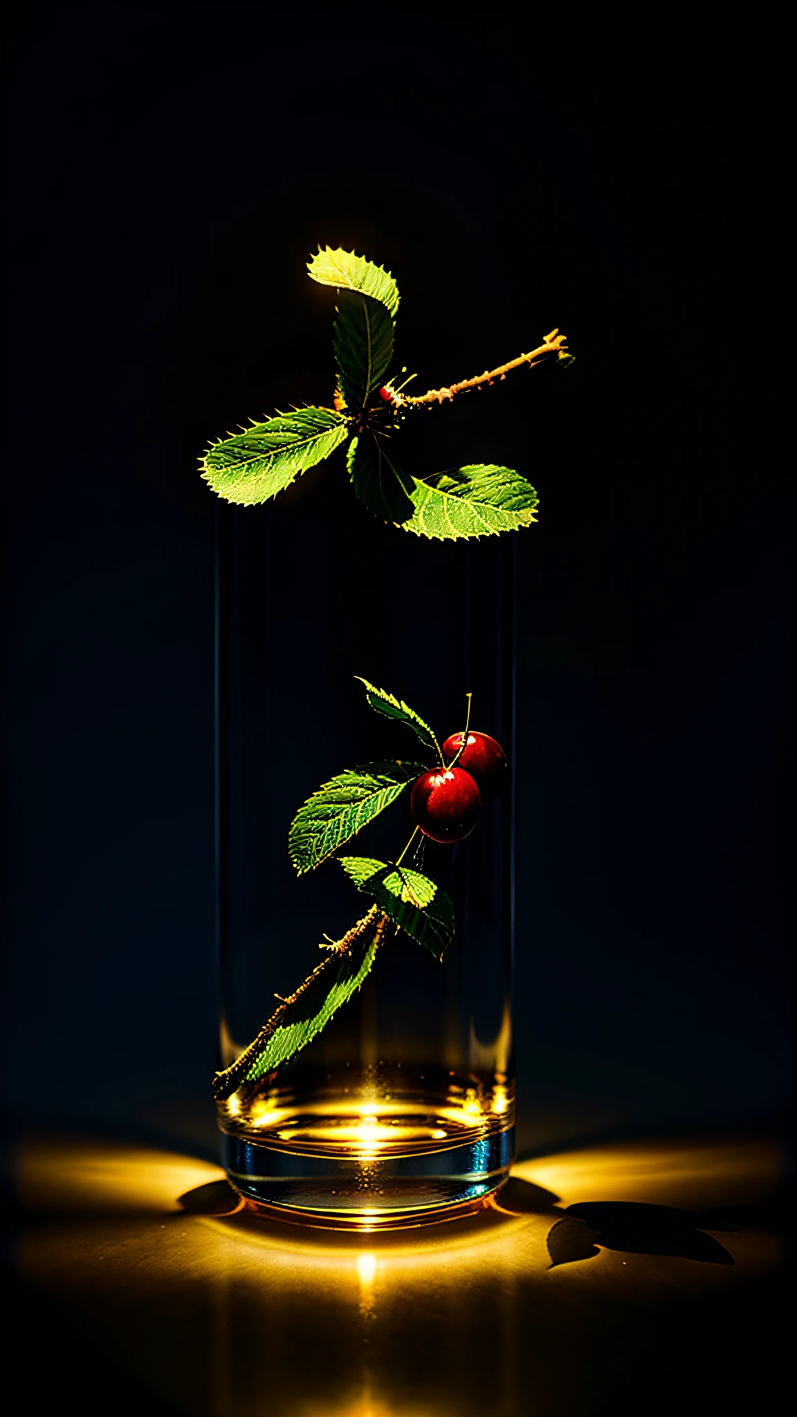 Cherry tree in a bottle, fluffy, realistic, atmospheric light refraction, photographed by lee jeffries, nikon d850 film Stock Photo 4 Kodak portra 400 camera f1.6 lens, rich colors, ultra realistic realistic textures, dramatic lighting, unreal engine trending on artstation cinestill 800, Style-Glass