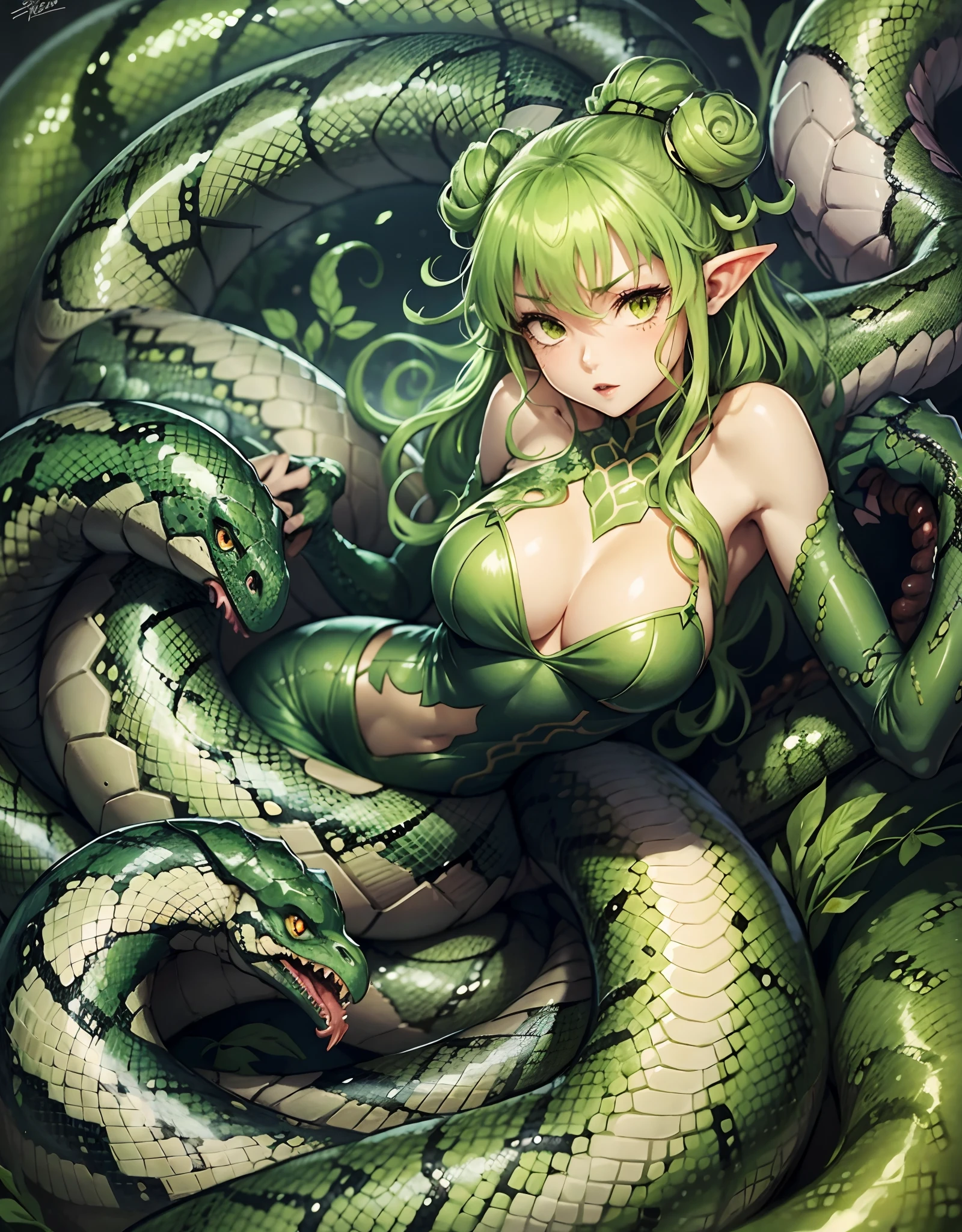 detailed snake skin、Cartoon photo of woman with green dress and green tail、anime monster girl、lamia、Hot reptiles、humanoid woman、tatsumaki with green curly hair、tentacle beasts、Polychaetes、Monster Girl、Snake Pose、Tentacle monsters、detaile。animesque。tentaculata