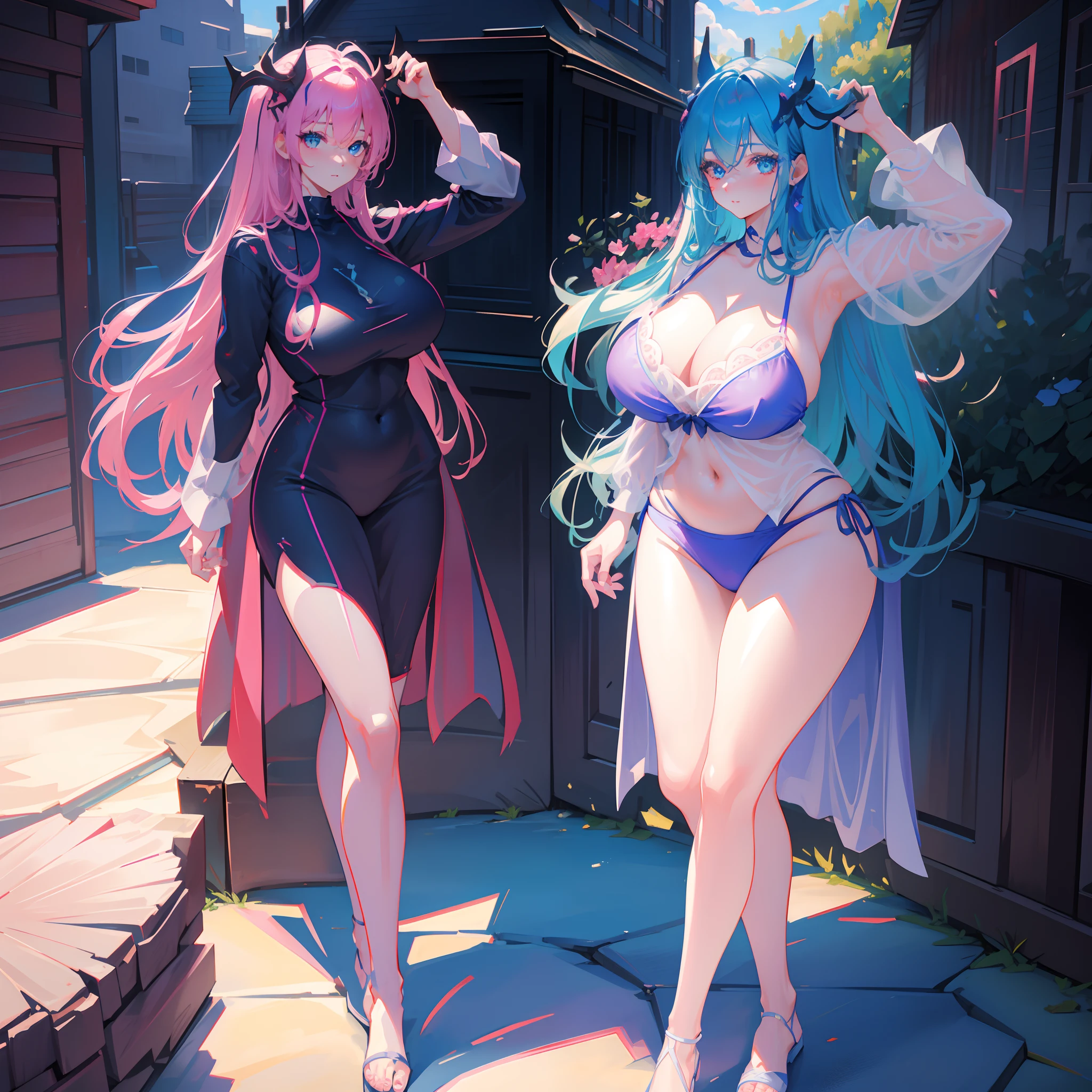 Azure eyes,Pink hair,dual horsetail,(Slim:1.7),Gradient color hair,From fans to blue gradient hair,Light smile,Flushed cheeks,detailedeyes,adolable,A MILF,25 age old,standing on your feet,(Super huge breasts:1.7),Swimsuit bikini,hand behind head,Armpits,White,Enchanted,Dragon's eyes,(Unbeatable masterpiece, ultra realistic 8k cg, Perfect artwork, perfect women figure,dramatic shadow,Ray tracing),individually,Kiss